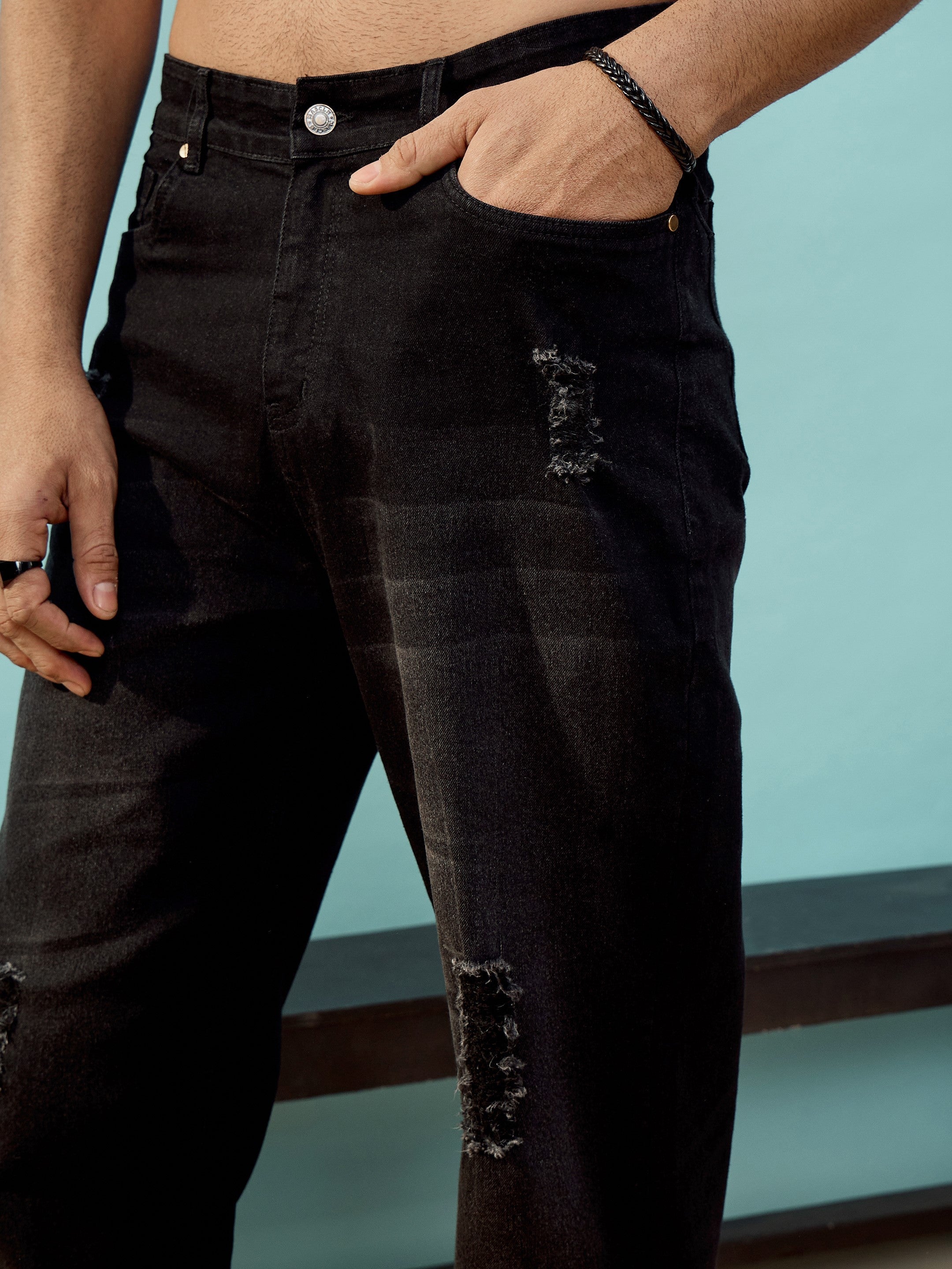 Men Black Washed Distressed Oversized Jeans
