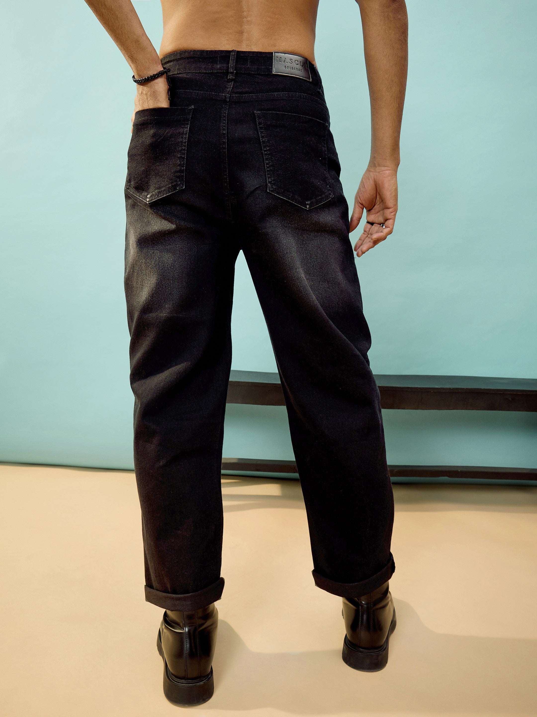 Men Black Washed Distressed Oversized Jeans