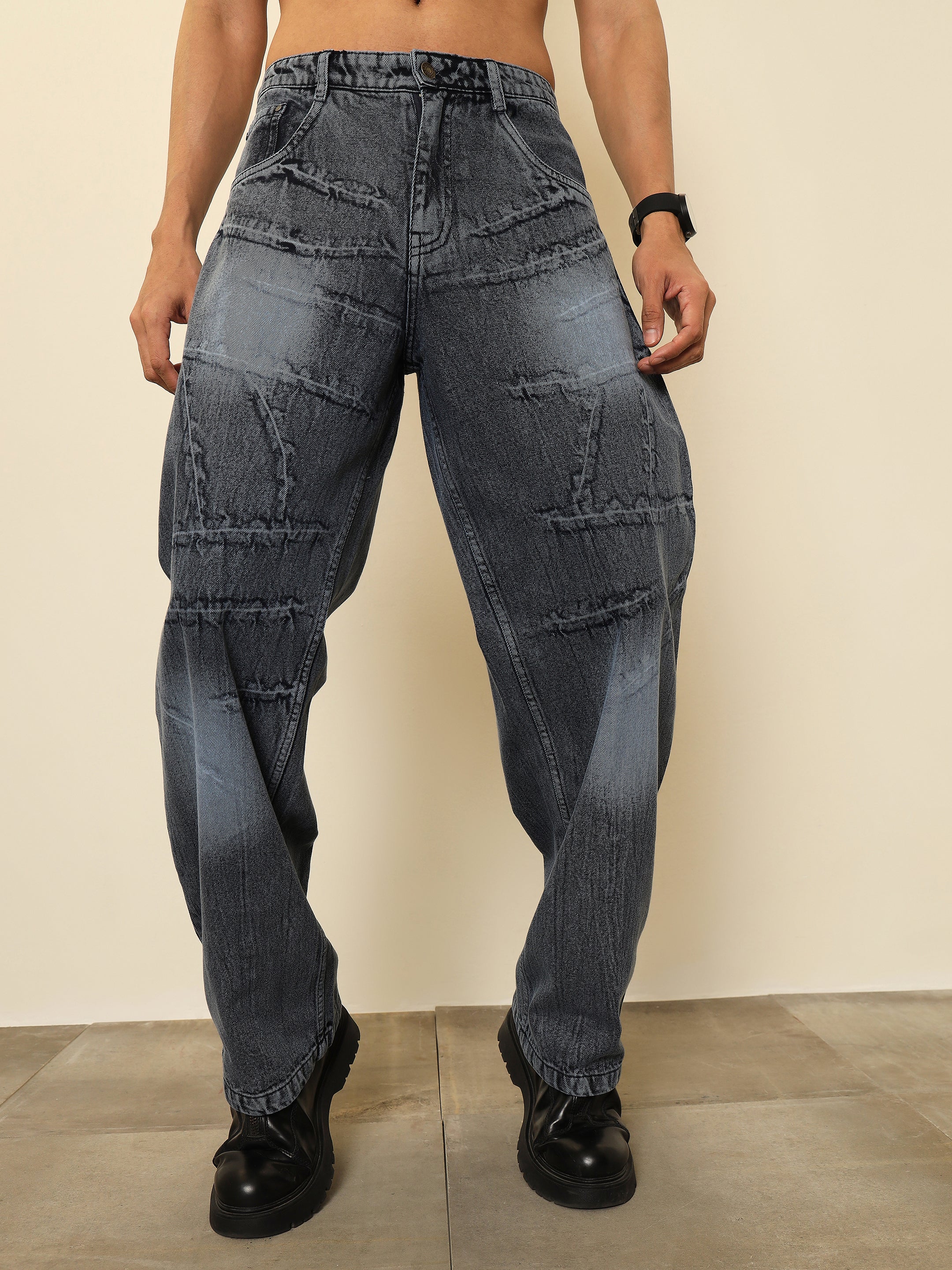 Men Grey Crinkled-Wash Effect Relax Fit Jeans