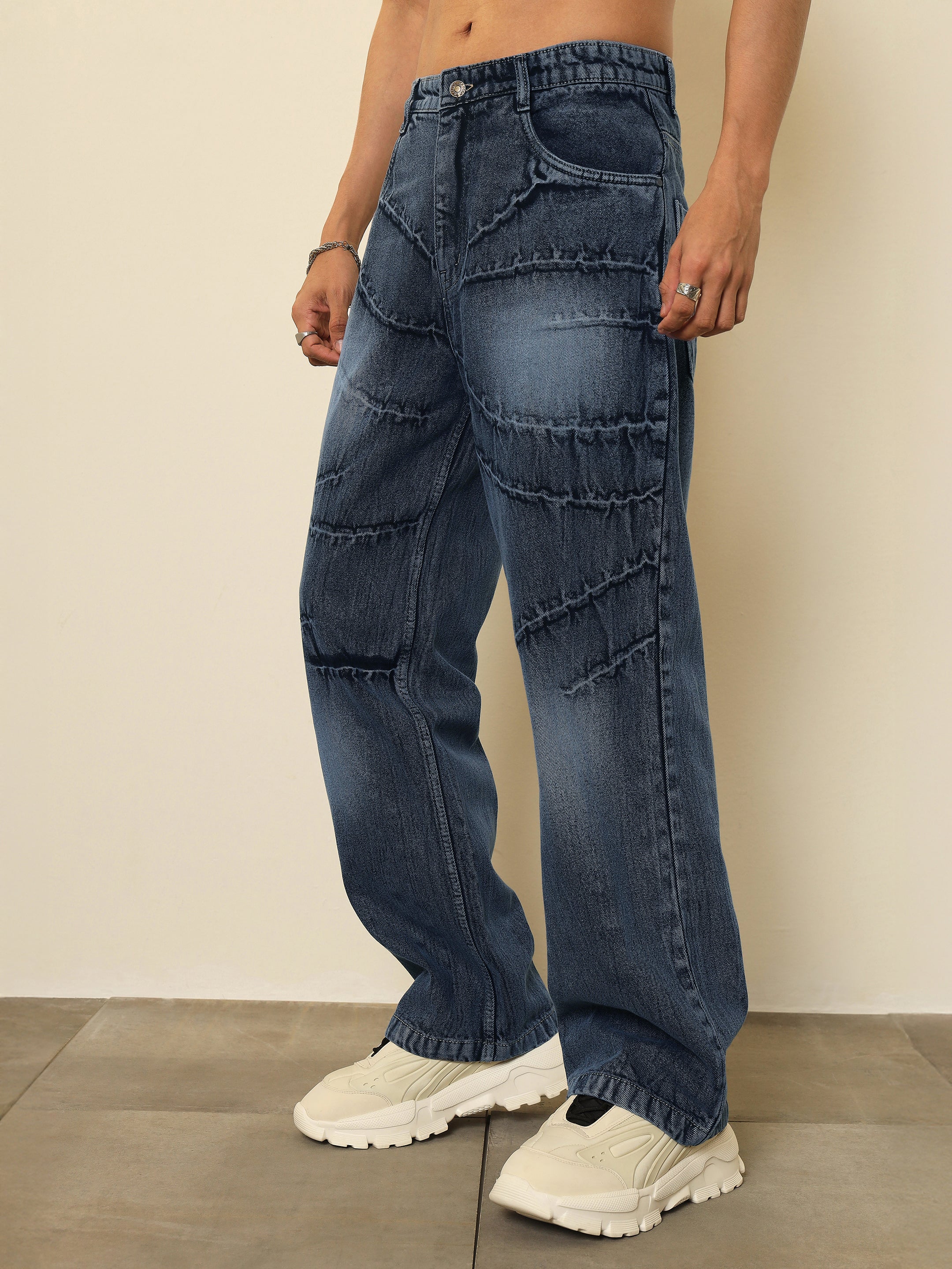 Men Dark Blue Crinkled-Wash Effect Relax Fit Jeans