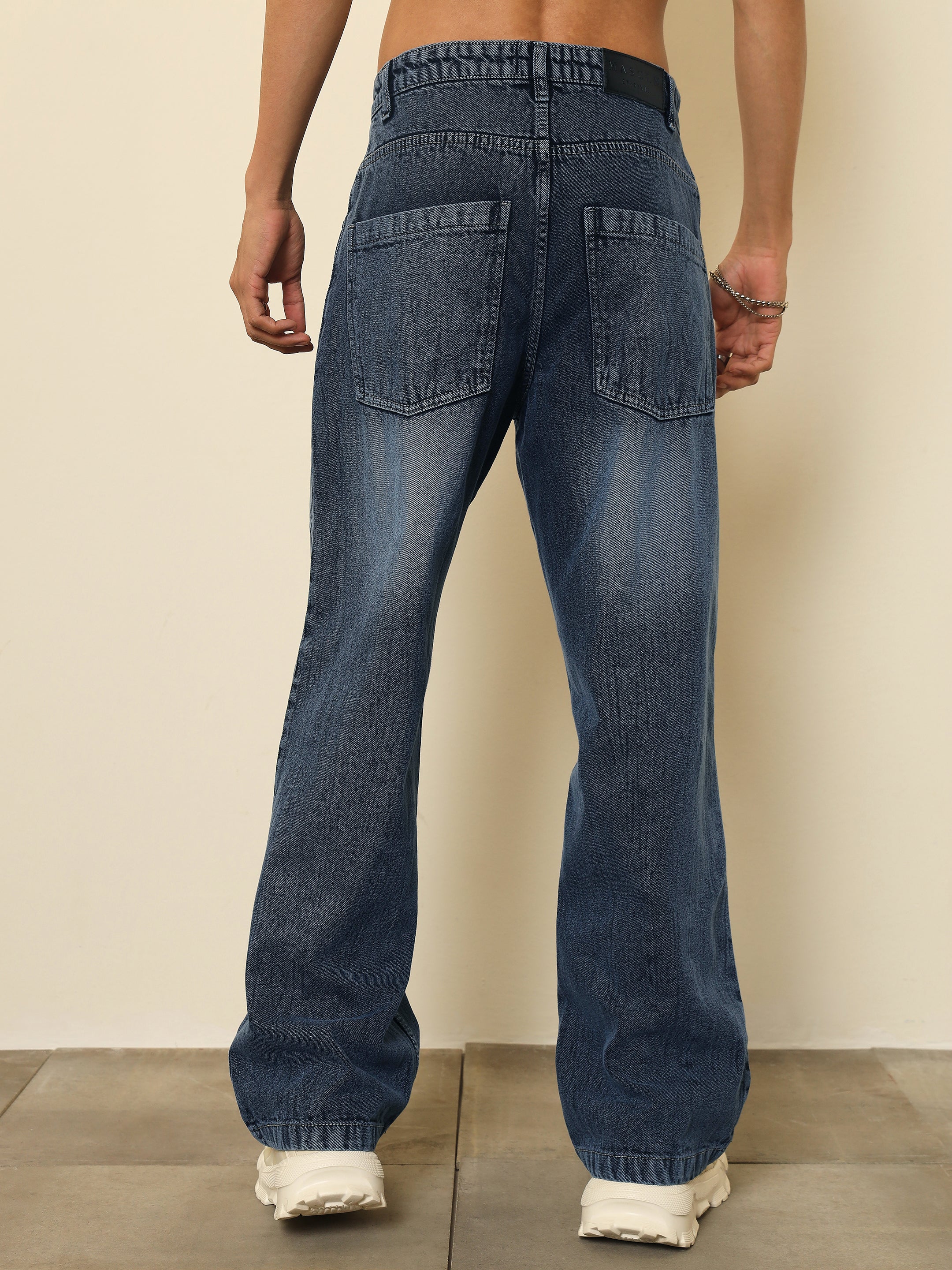 Men Dark Blue Crinkled-Wash Effect Relax Fit Jeans