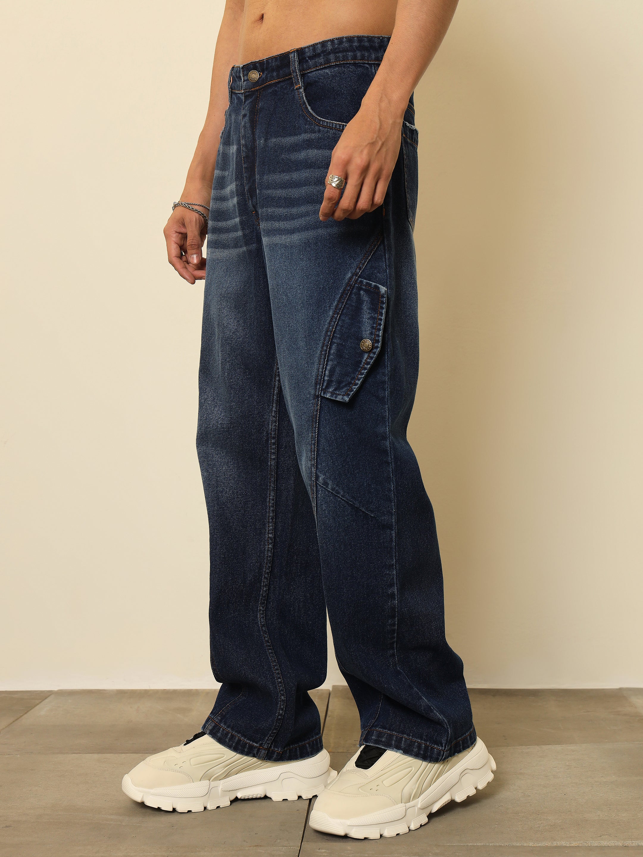 Men Dark Blue Washed Side Flap Relax Fit Jeans