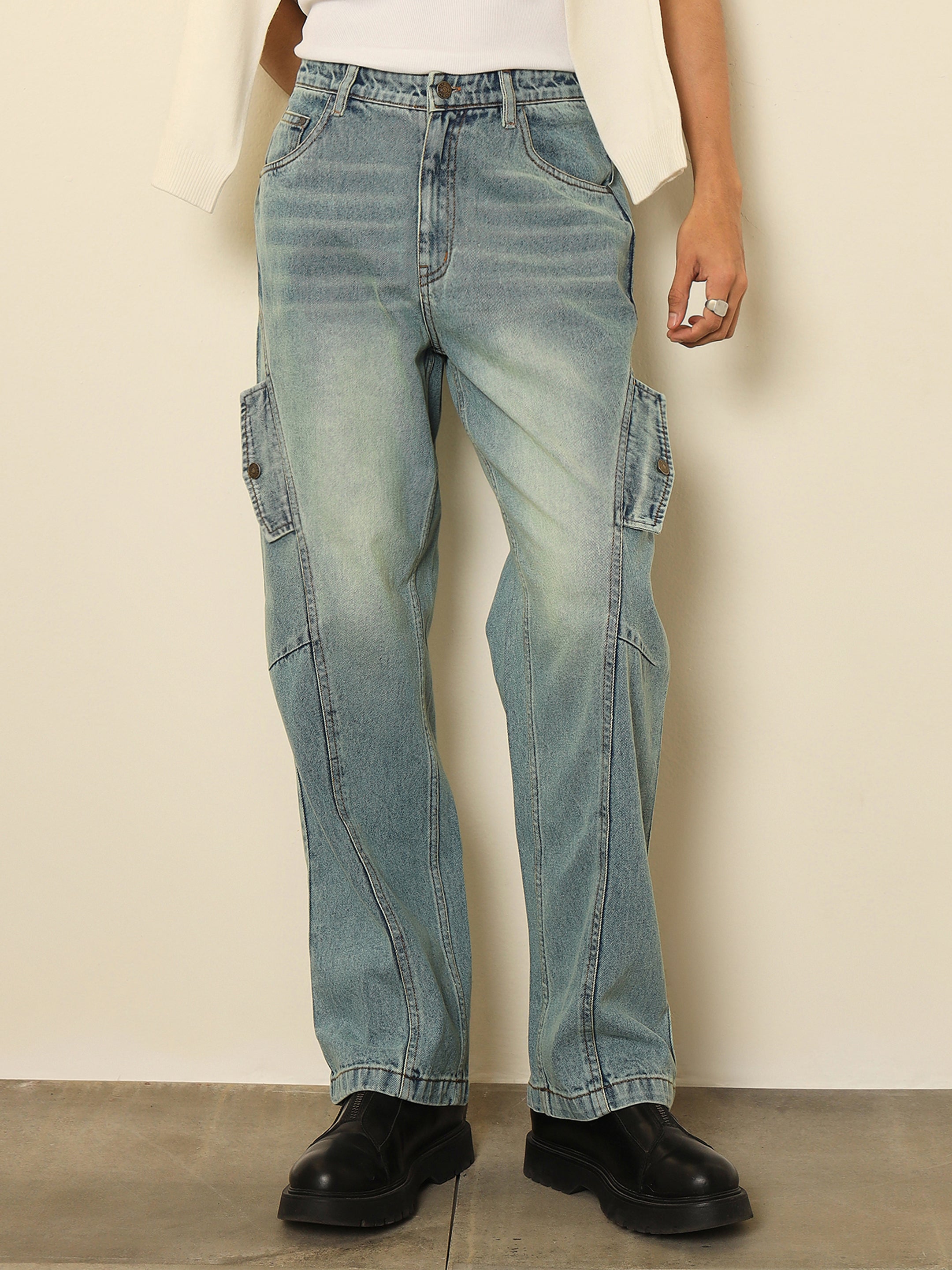 Men Blue Acid Wash Side Flap Relax Fit Jeans