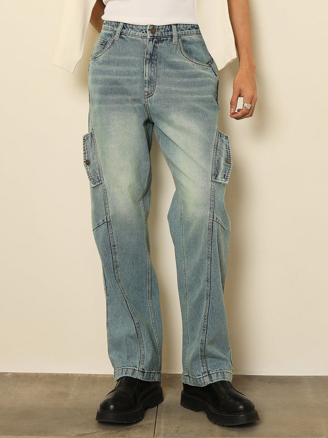 Men Blue Acid Wash Side Flap Relax Fit Jeans