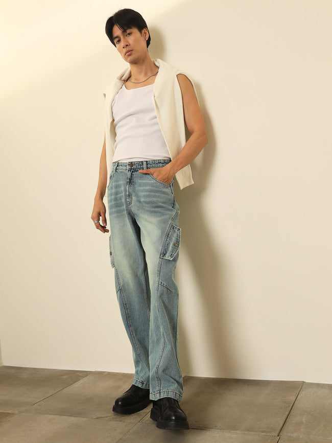 Men Blue Acid Wash Side Flap Relax Fit Jeans