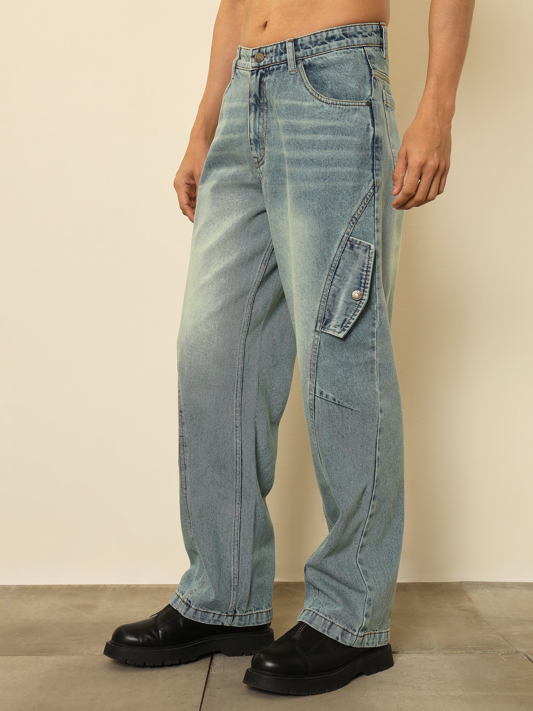 Men Blue Acid Wash Side Flap Relax Fit Jeans