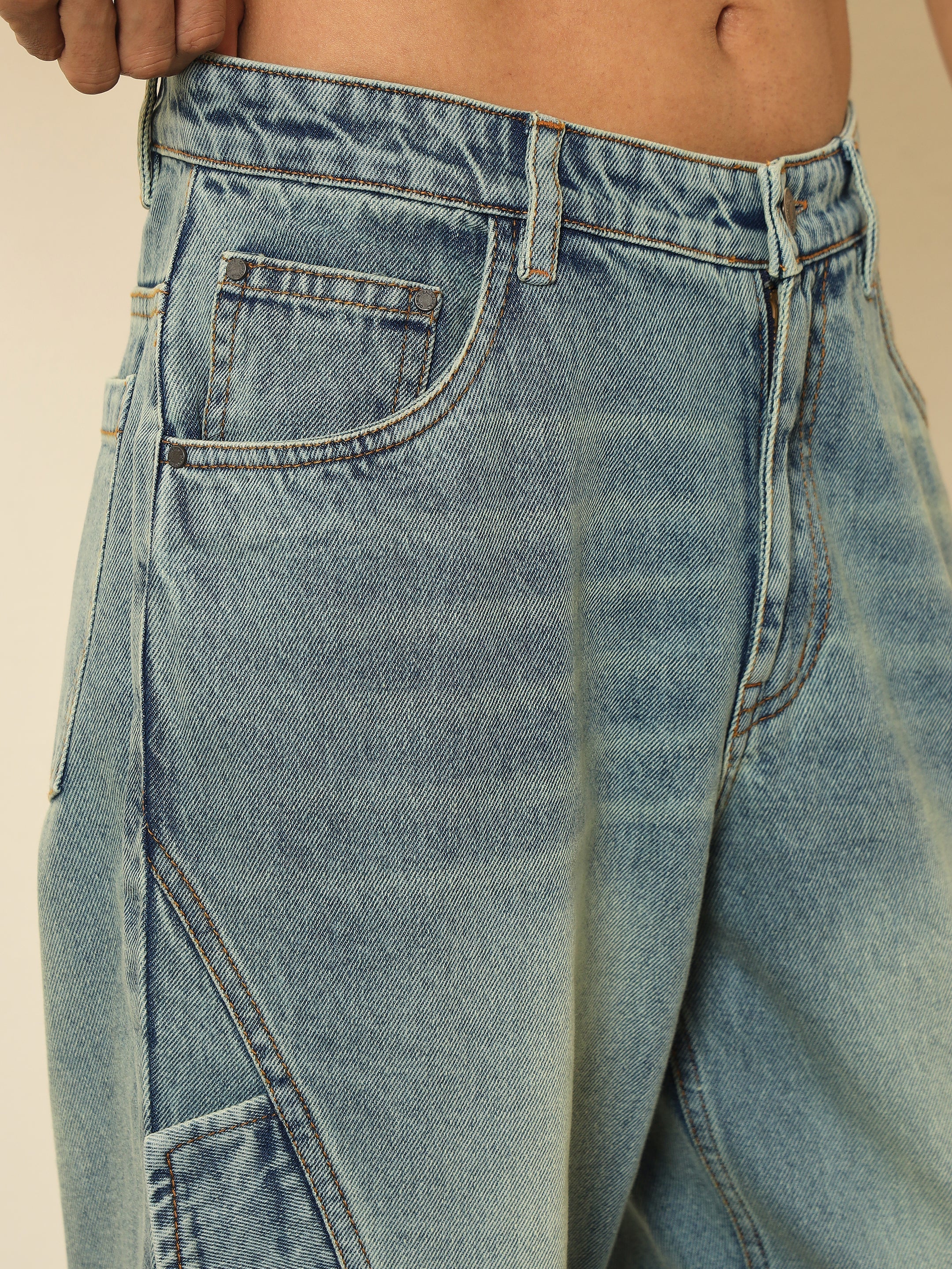Men Blue Acid Wash Side Flap Relax Fit Jeans