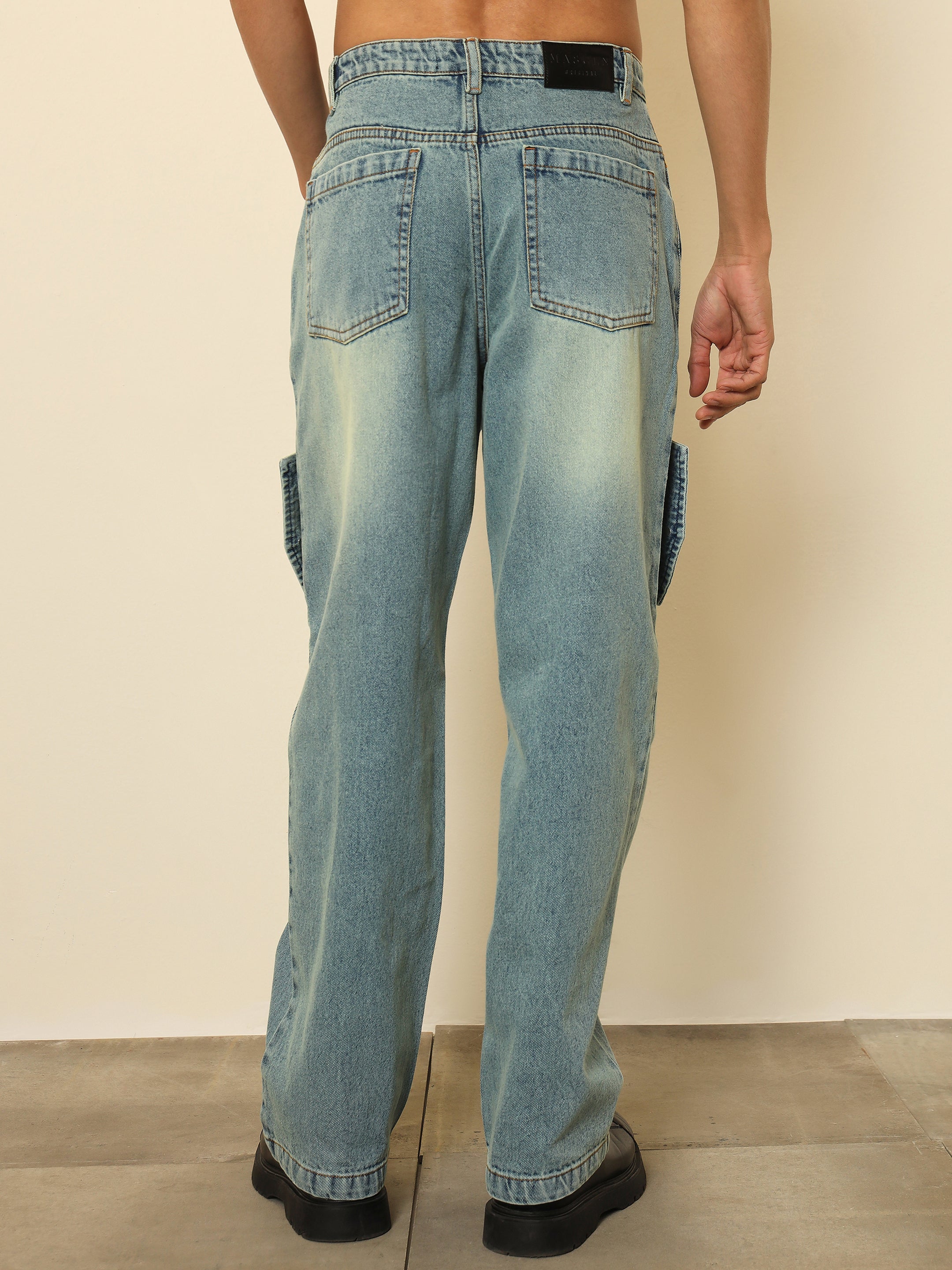 Men Blue Acid Wash Side Flap Relax Fit Jeans