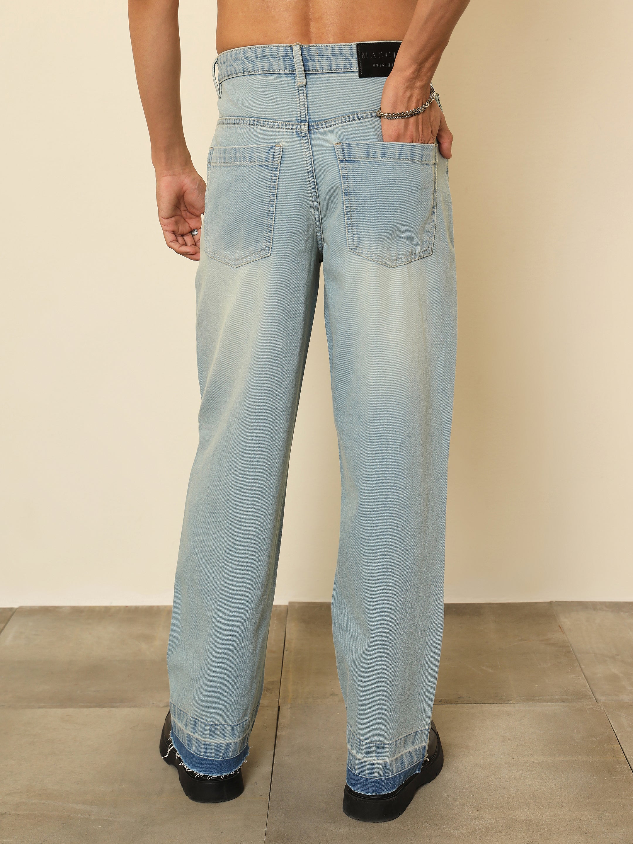 Men Light Blue Frayed-Hem Relax Fit Carpenter Jeans