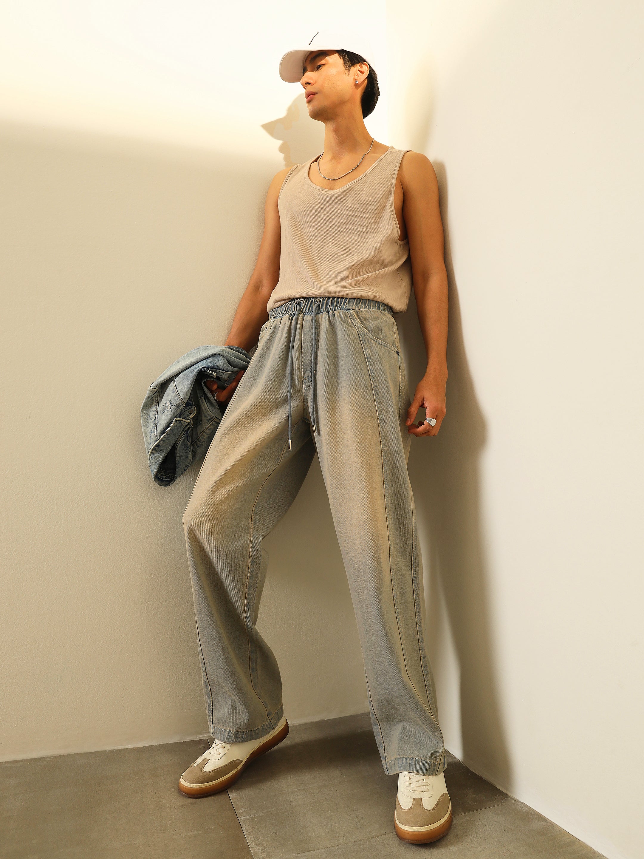 Men Light Blue Seam-Detail Relax Fit Jogger Jeans