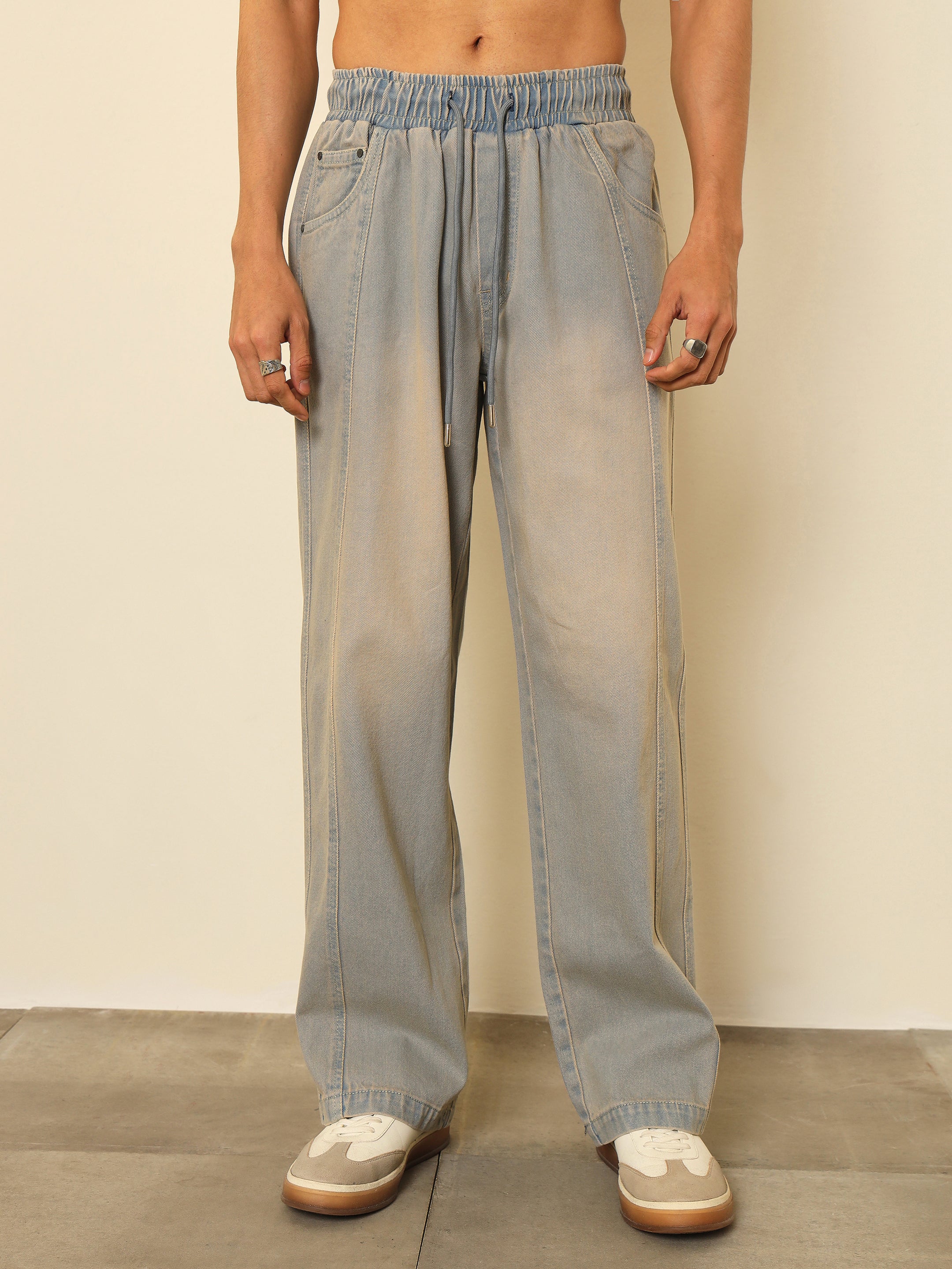 Men Light Blue Seam-Detail Relax Fit Jogger Jeans