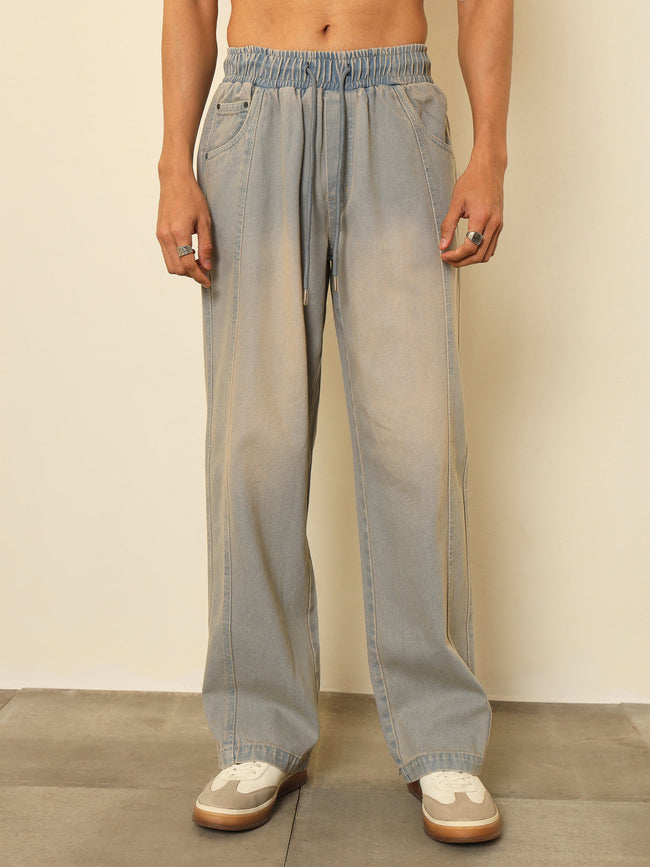 Men Light Blue Seam-Detail Relax Fit Jogger Jeans