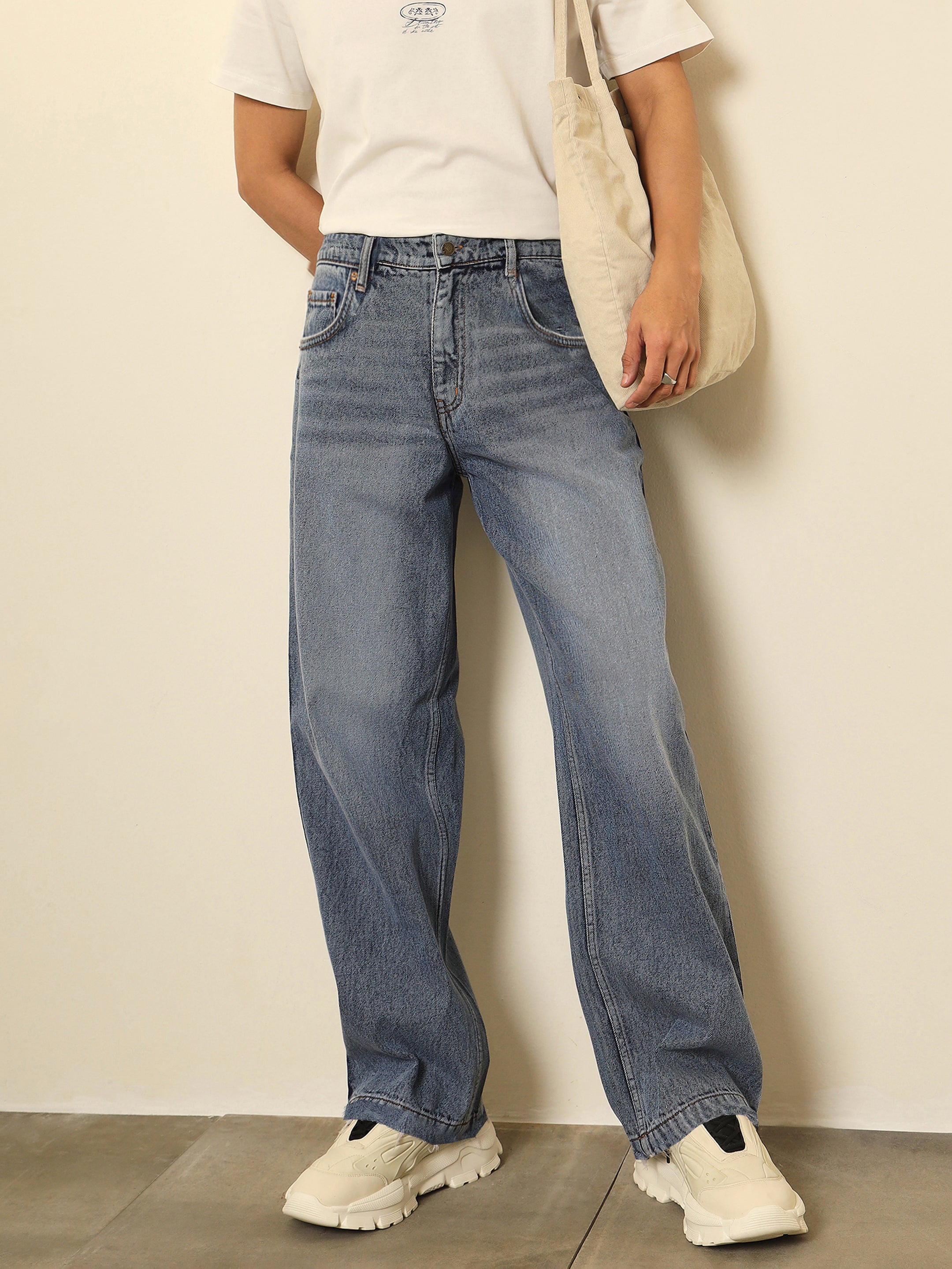 Men Blue Whisker Wash Basic Relax Fit Jeans