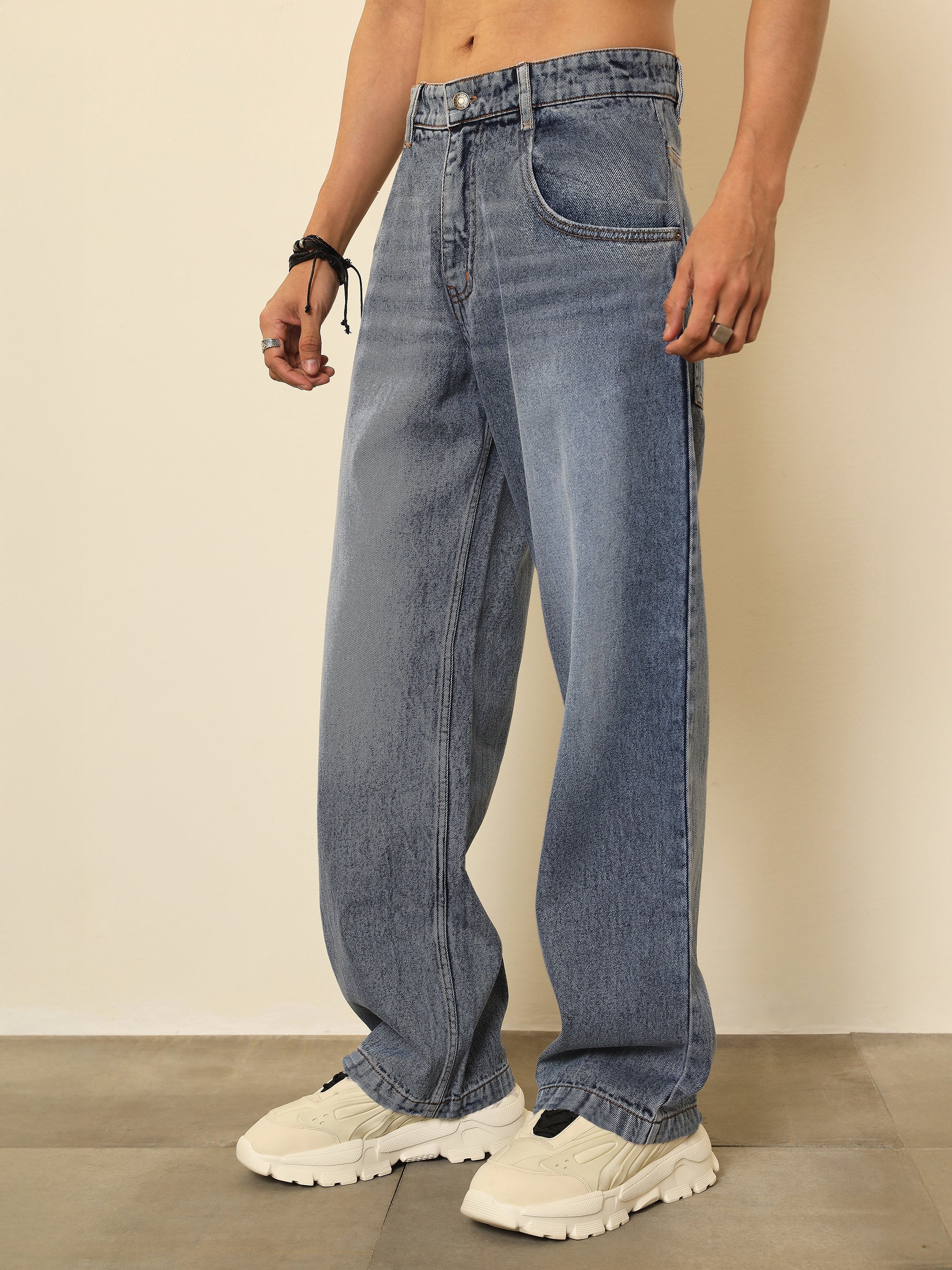 Men Blue Whisker Wash Basic Relax Fit Jeans
