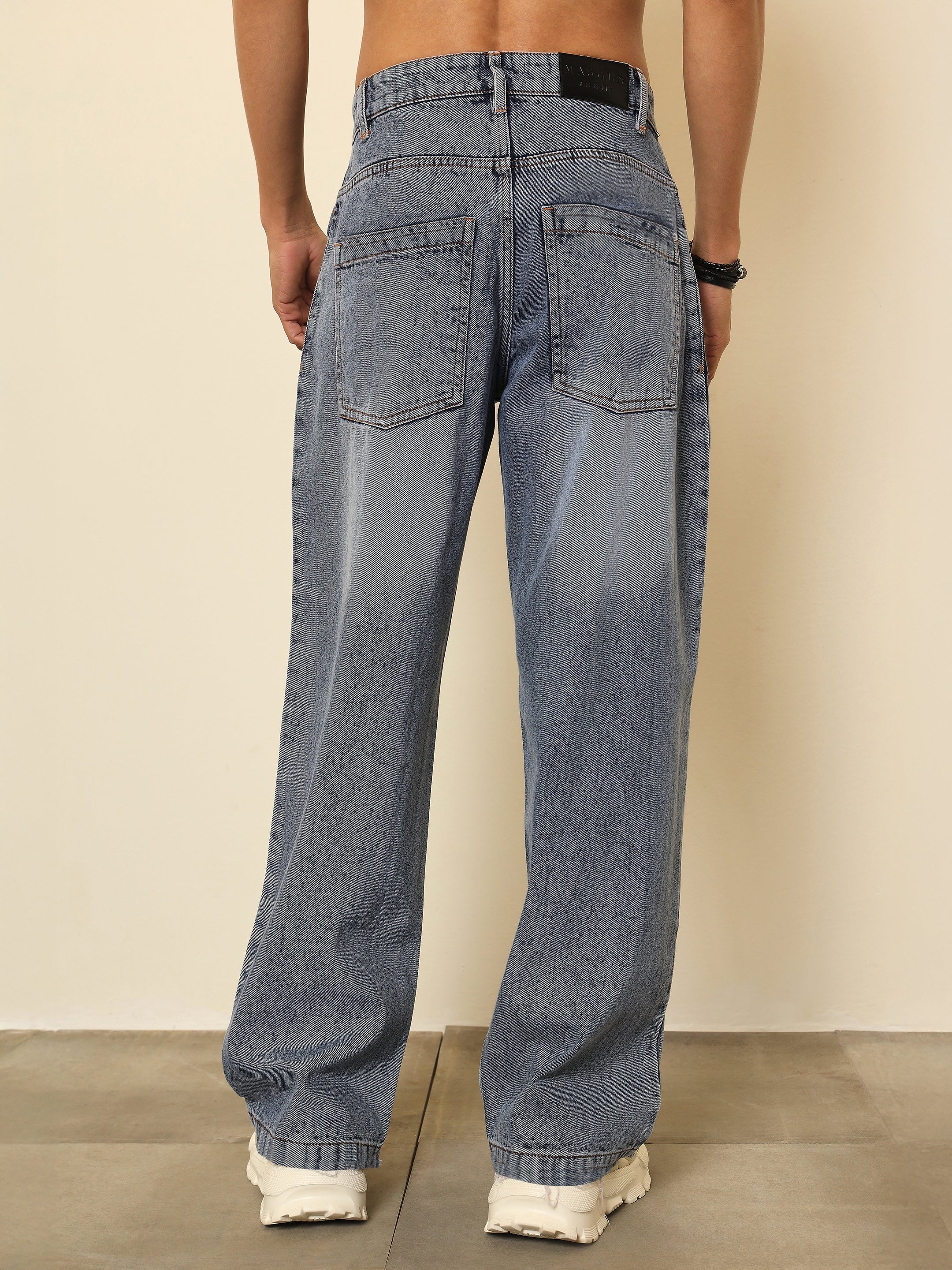 Men Blue Whisker Wash Basic Relax Fit Jeans