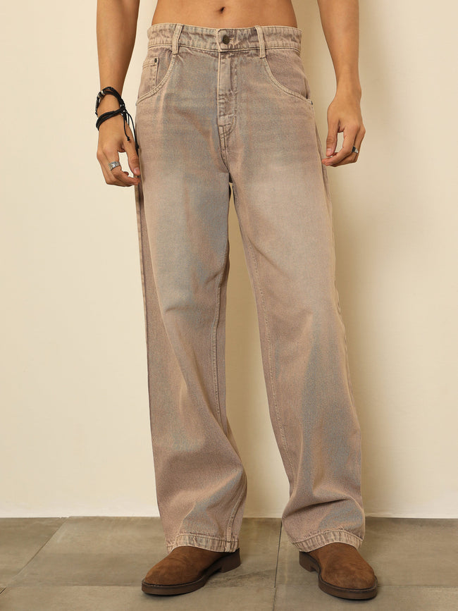 Men Beige Whisker Wash Basic Relax Fit Jeans