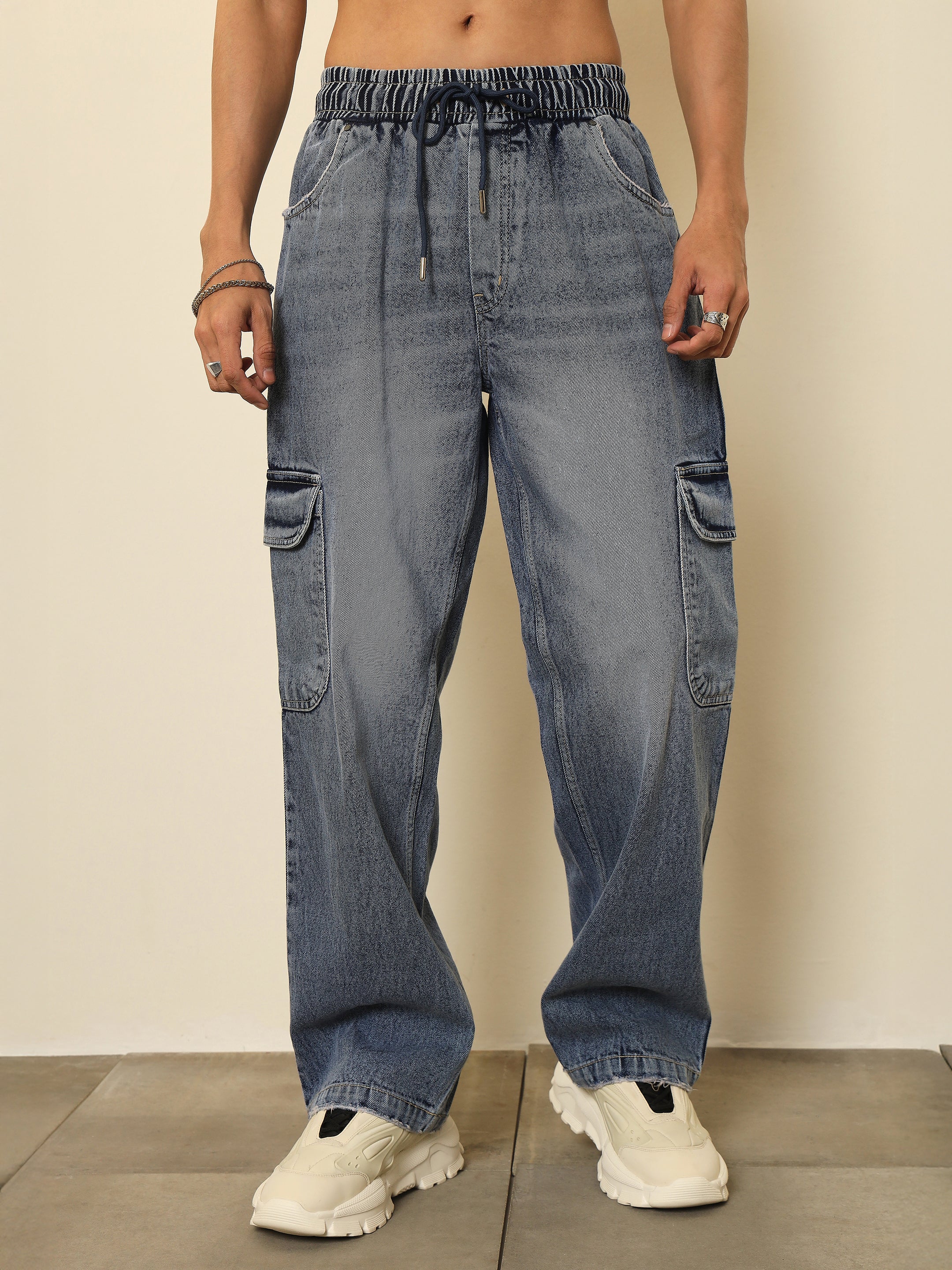 Men Basic Blue Cargo Pocket Relax Fit Jogger Jeans