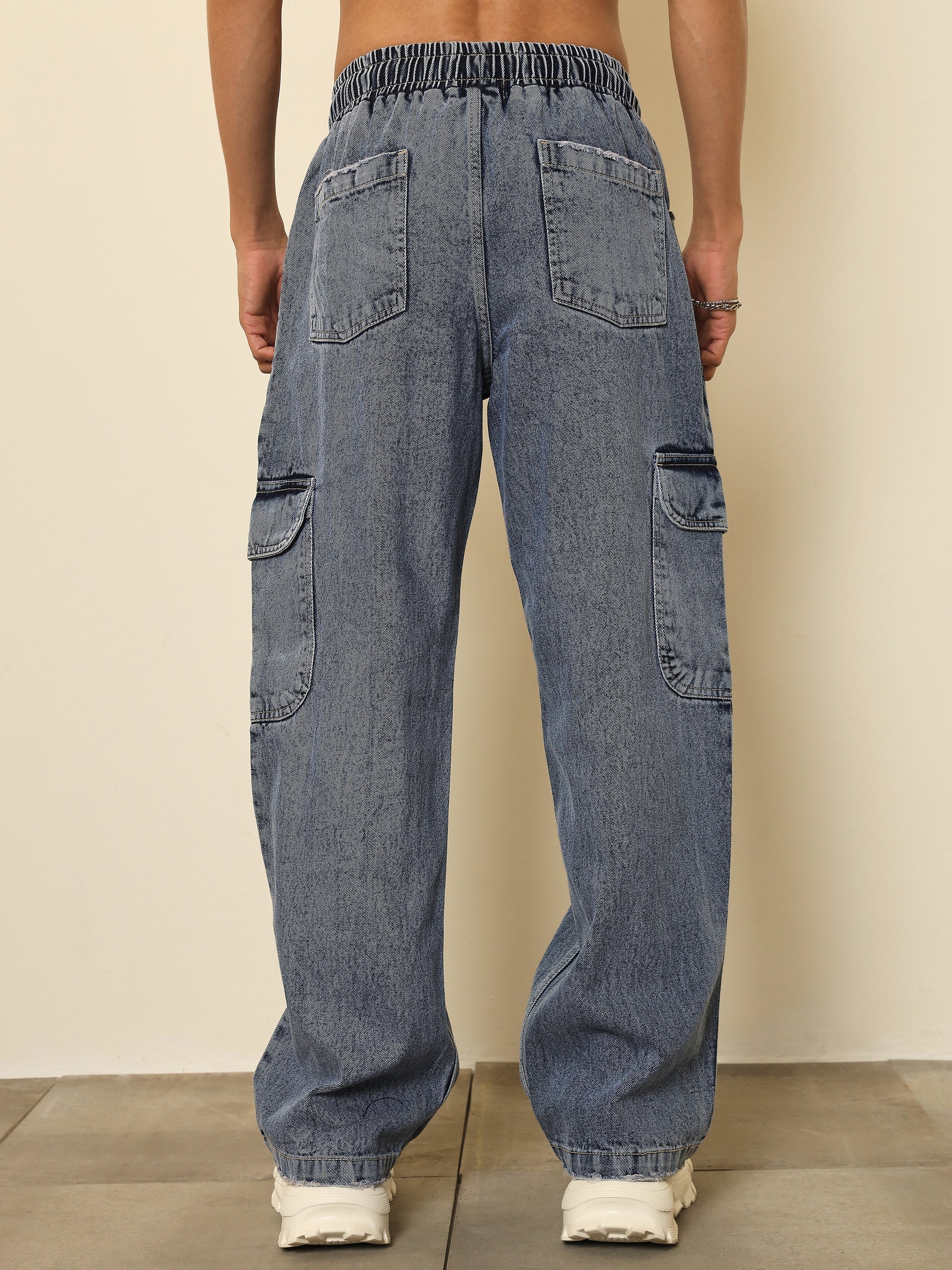 Men Basic Blue Cargo Pocket Relax Fit Jogger Jeans