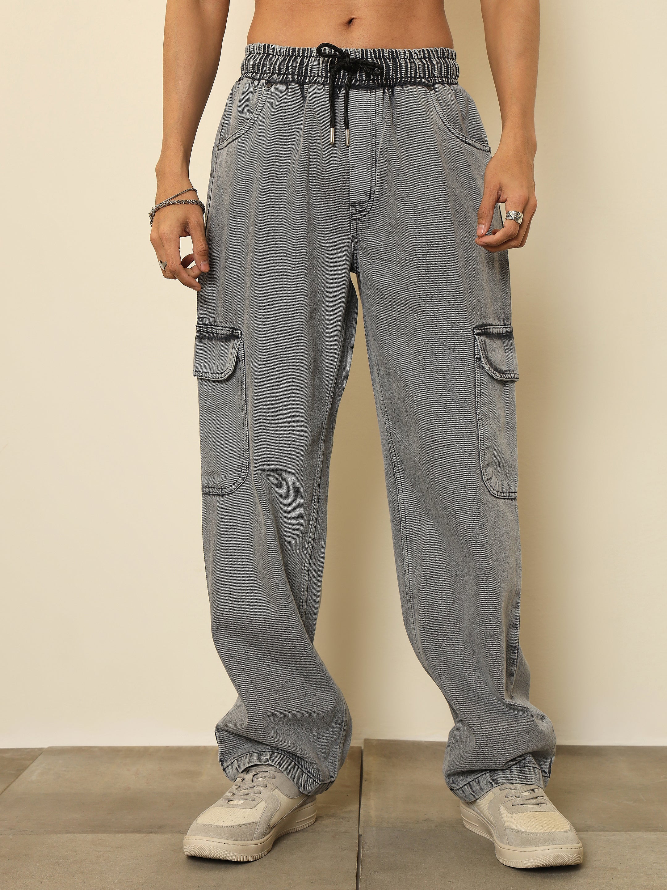 Men Grey Cargo Pocket Relax Fit Jogger Jeans