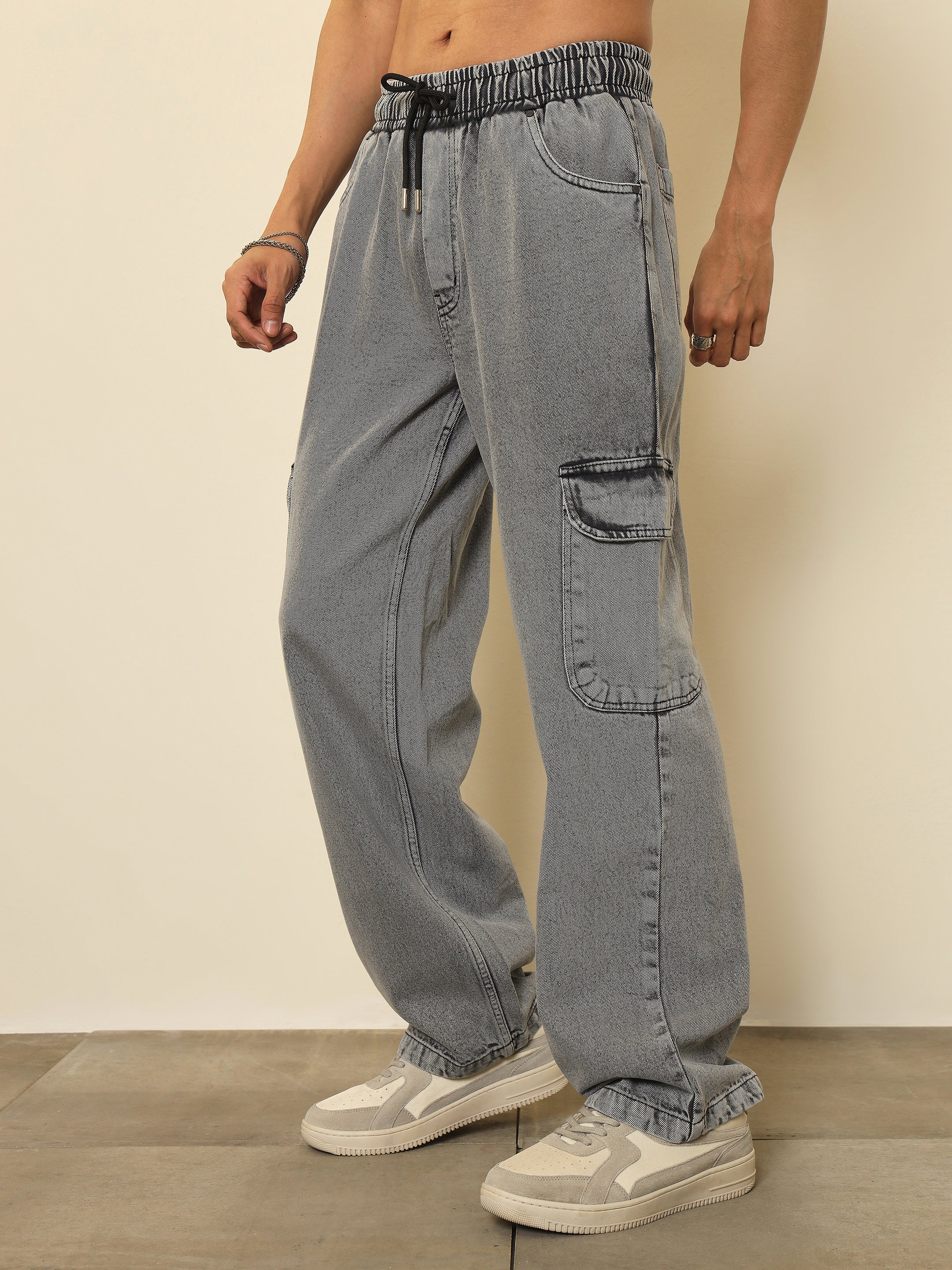 Men Grey Cargo Pocket Relax Fit Jogger Jeans