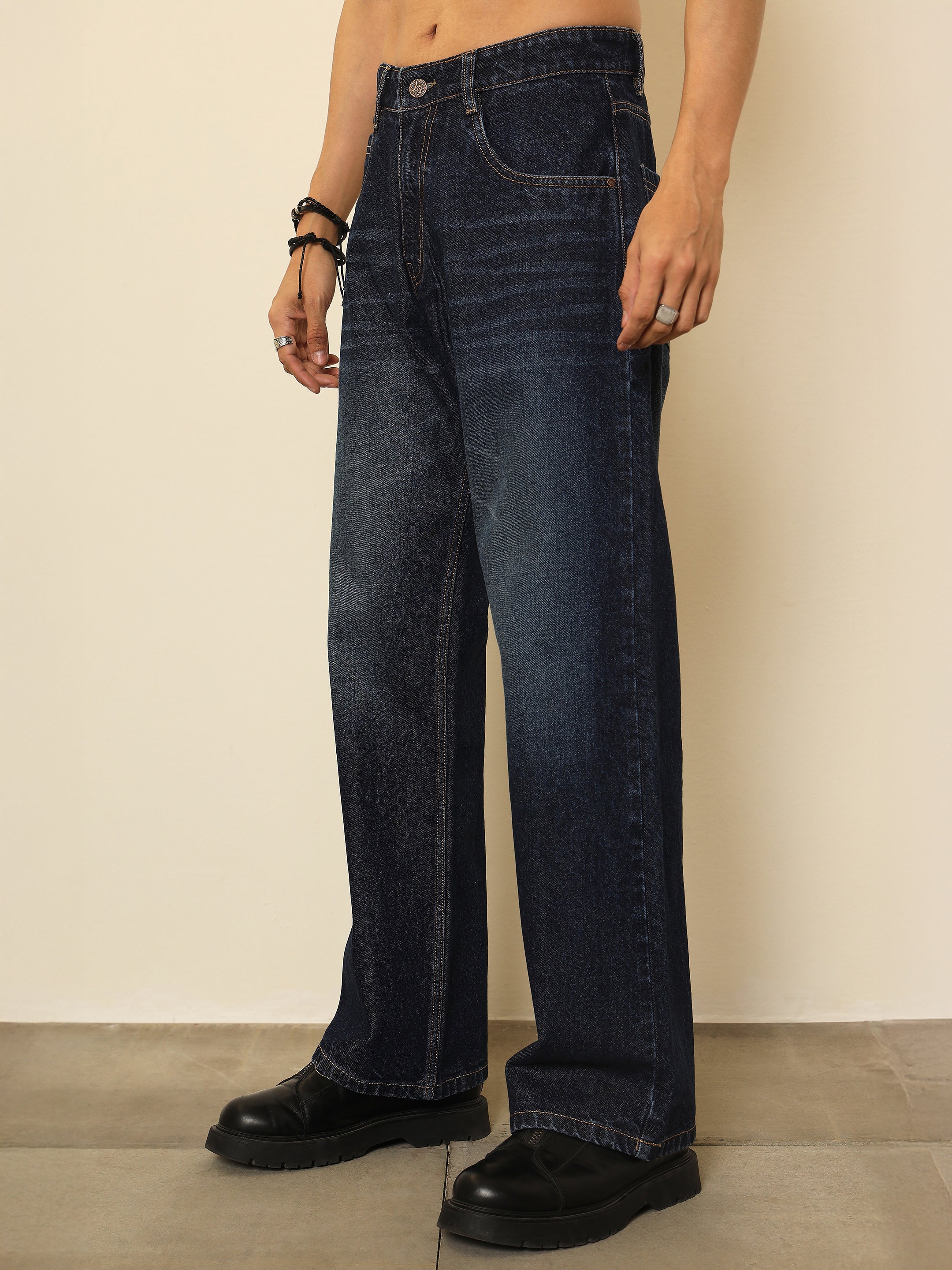 Men Blue Whisker Wash Relax Fit Jeans