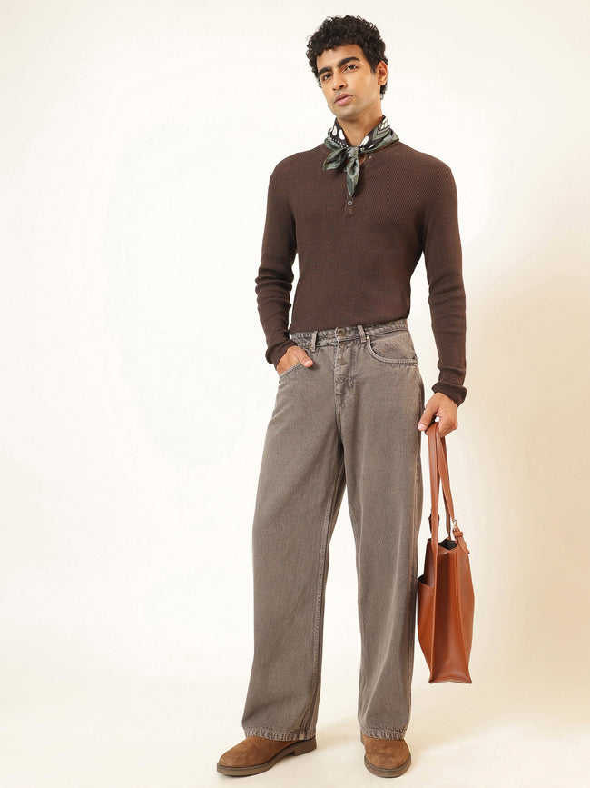 Men Lihjt Grey Wisker wash Button Fly Wide Leg Jeans