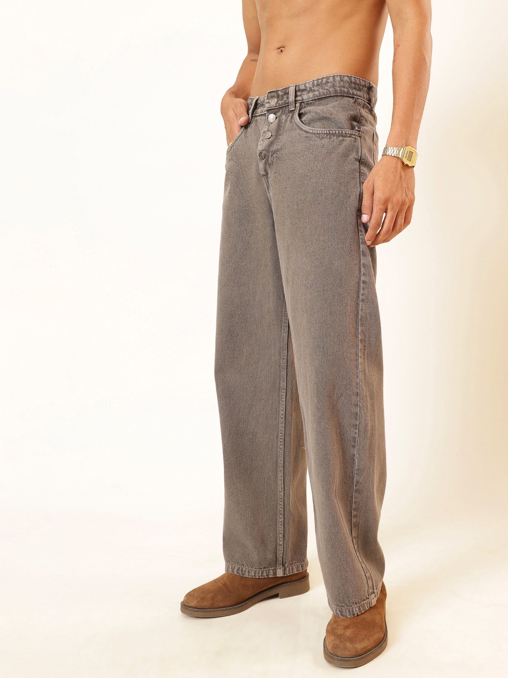 Men Lihjt Grey Wisker wash Button Fly Wide Leg Jeans