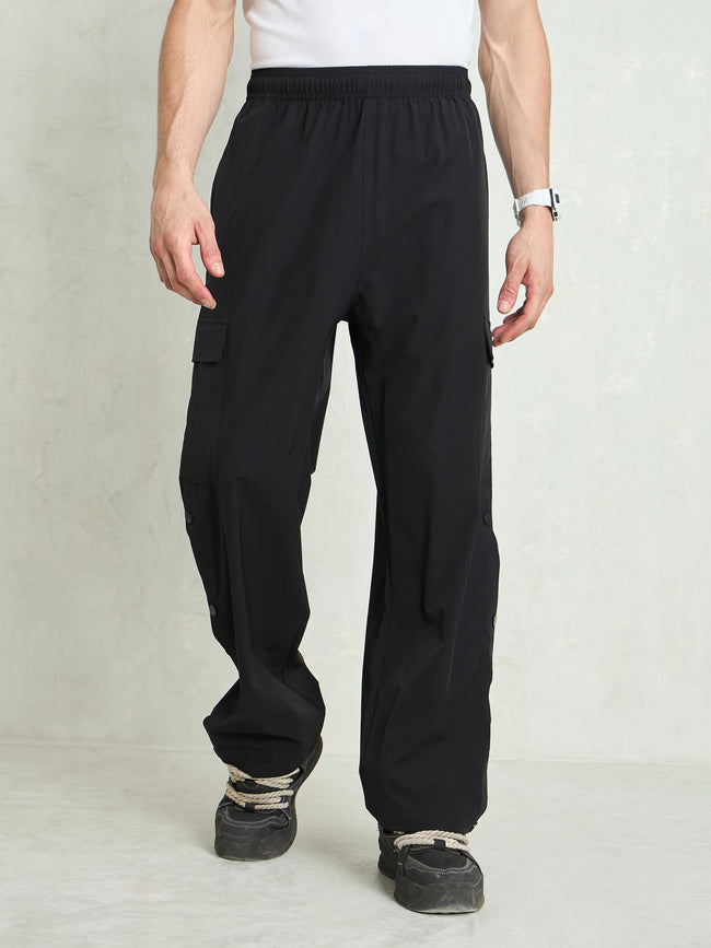 Unisex Black Button Detail Baggy Parachute Pants