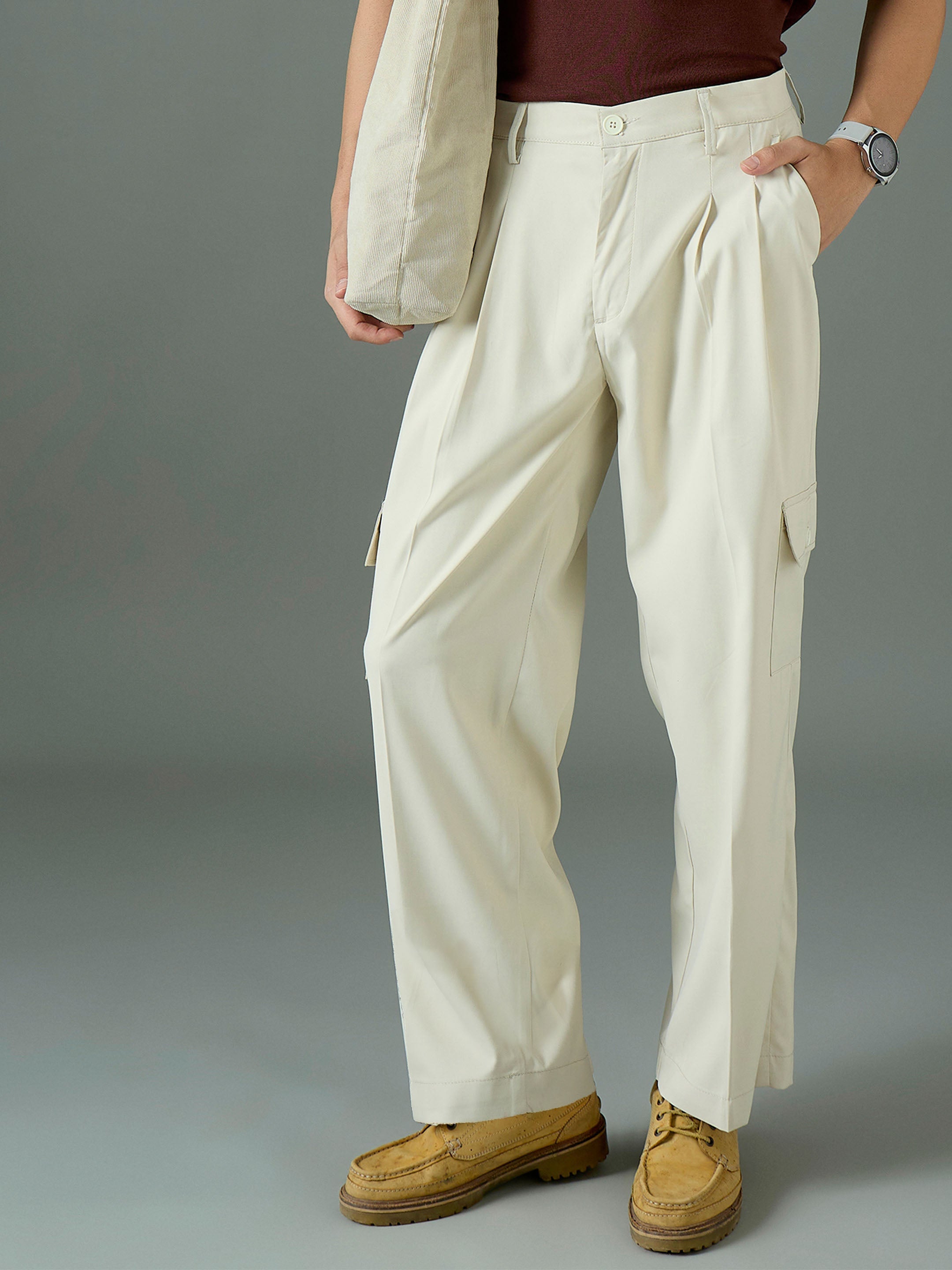 Men Off White Side Flap Pocket Relax Fit Korean Trouser