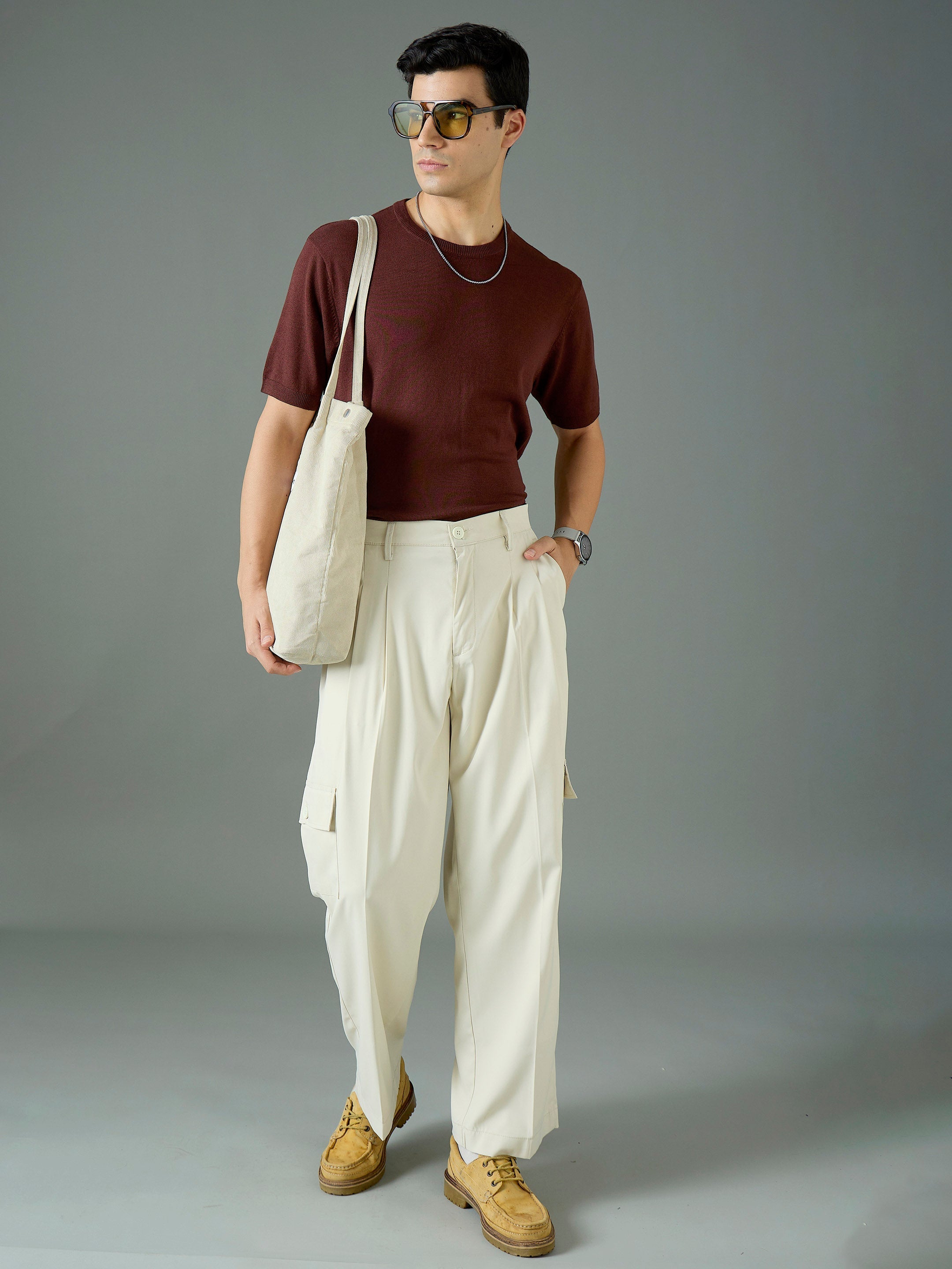 Men Off White Side Flap Pocket Relax Fit Korean Trouser