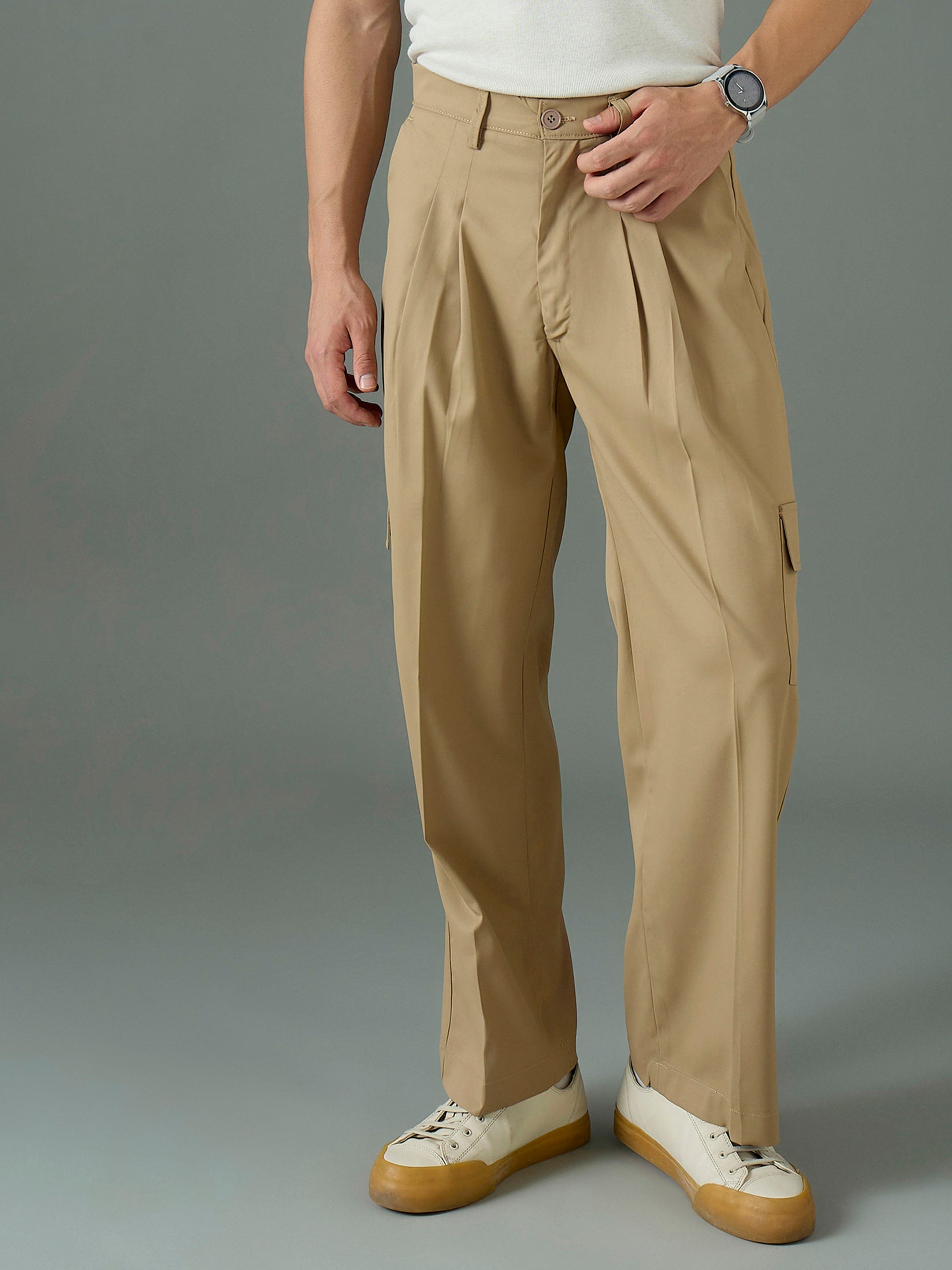 Men Khaki Side Flap Pocket Relax Fit Korean Trouser