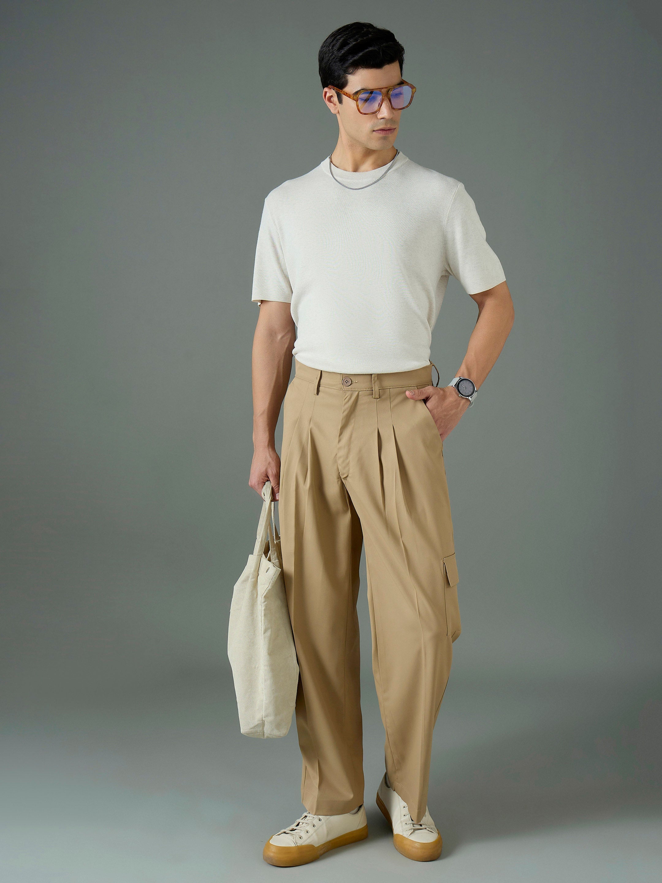 Men Khaki Side Flap Pocket Relax Fit Korean Trouser
