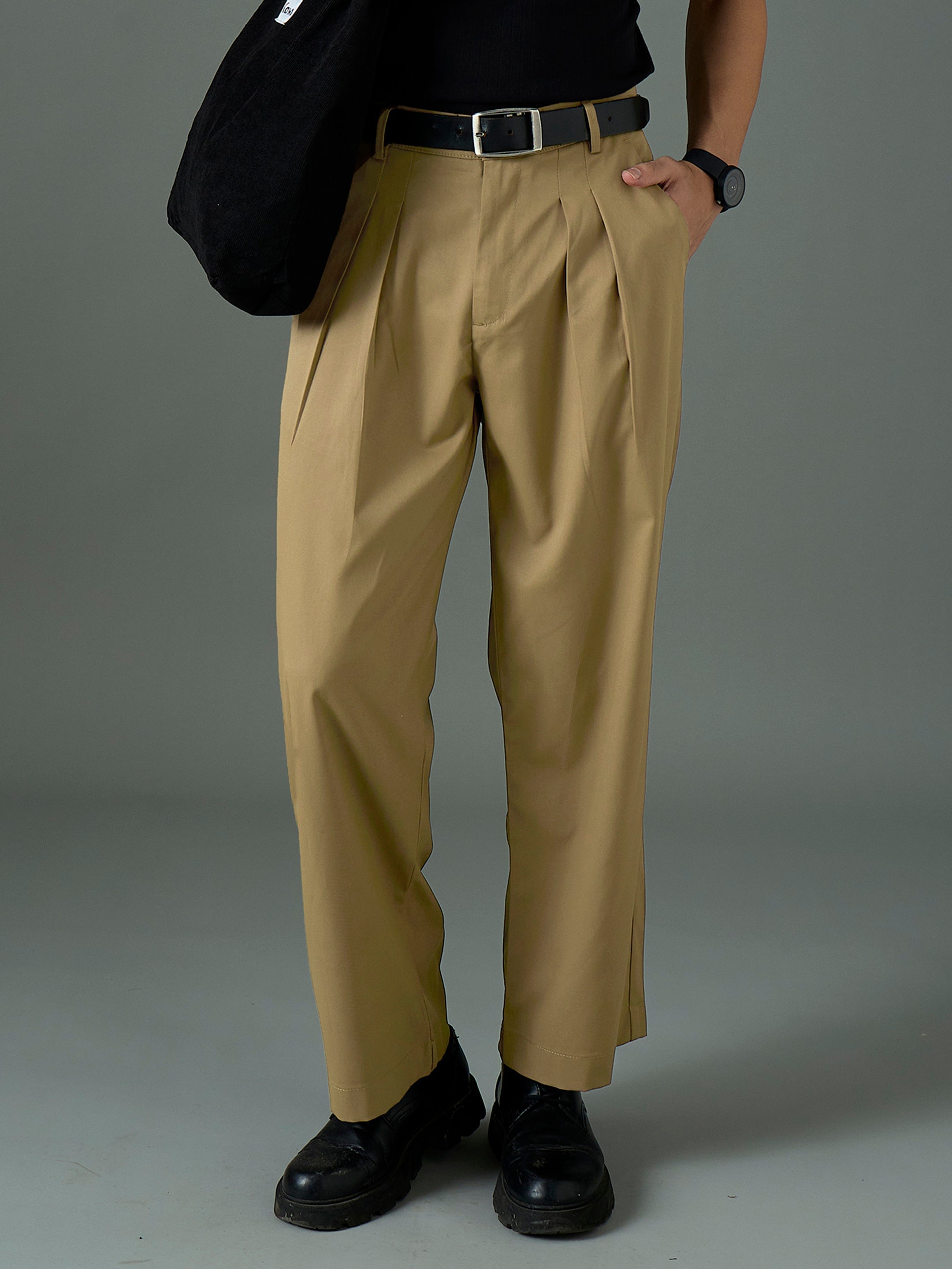 Men Khaki Front Pleat Relax Fit Korean Trouser