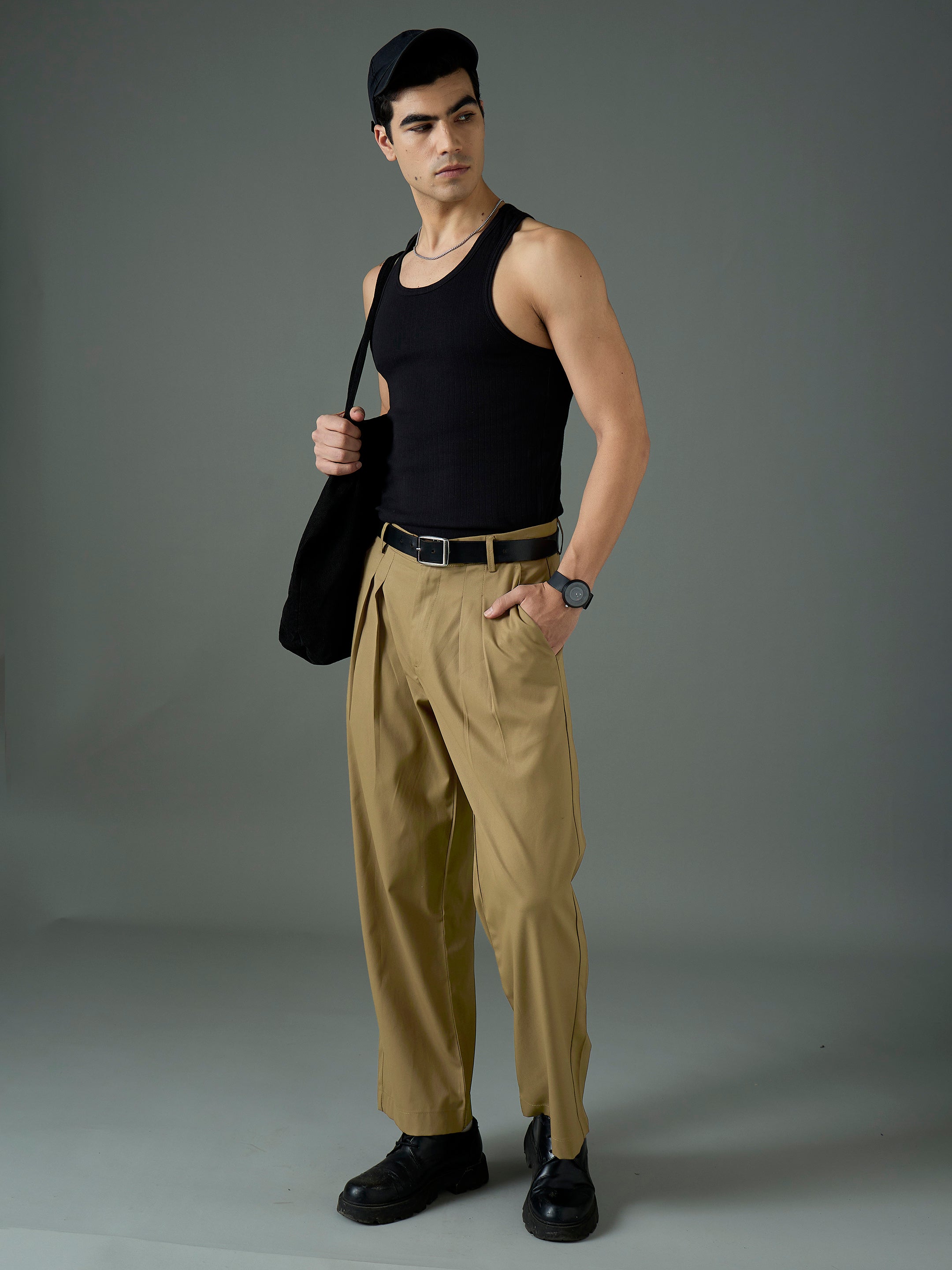 Men Khaki Front Pleat Relax Fit Korean Trouser