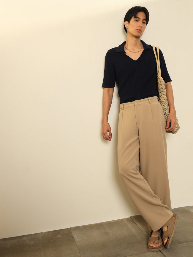 Men Beige Double-Pleated Basic Korean Pants