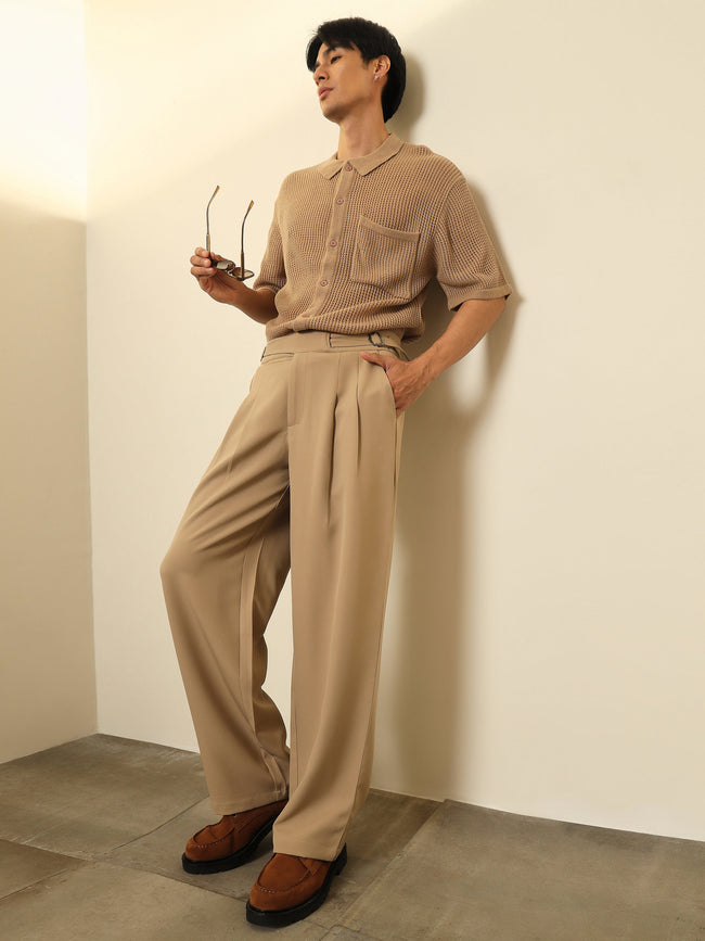 Men Beige Double Waist Adjuster Korean Pants