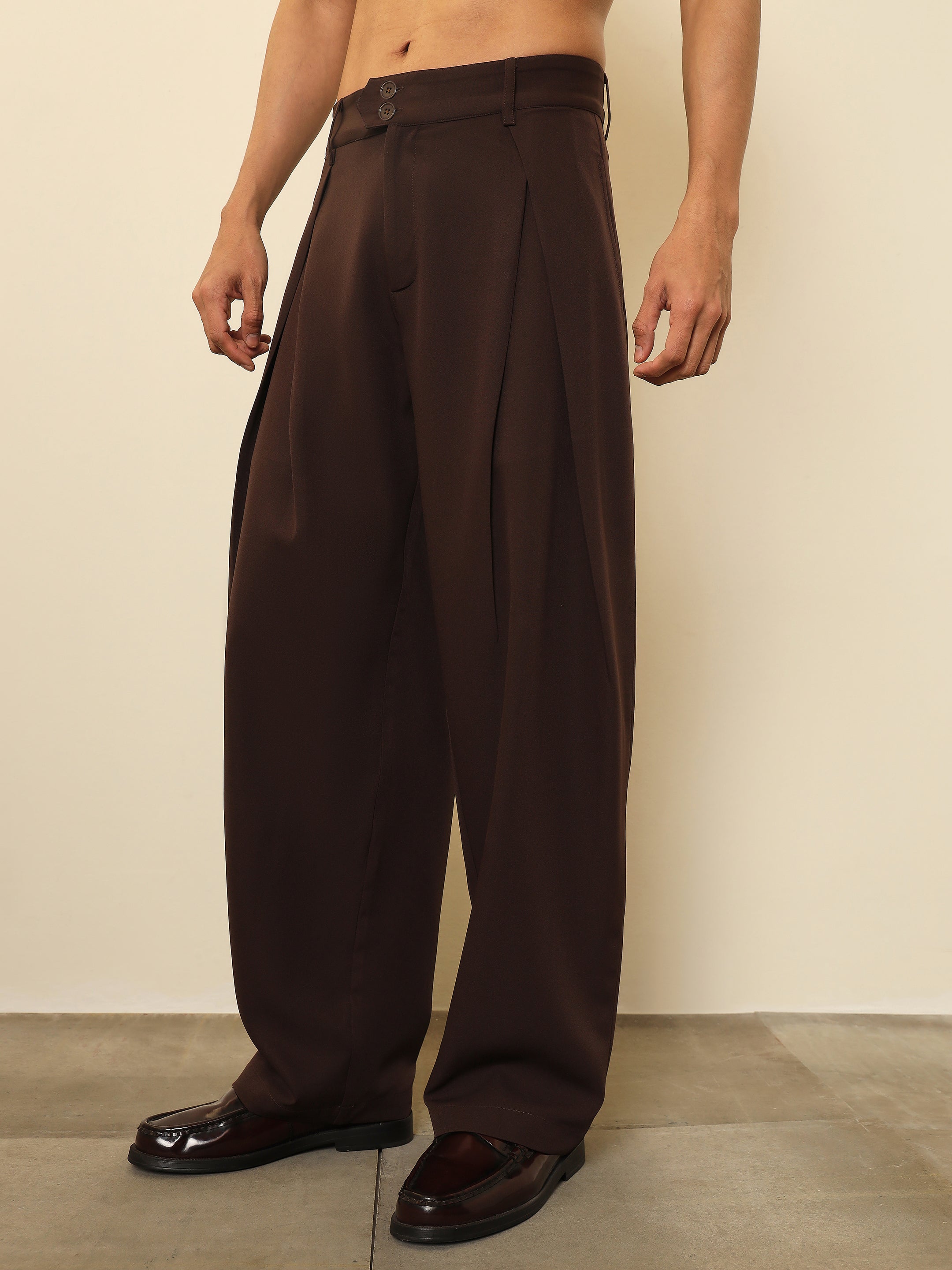 Men Dark Brown Overlapping Pleates Korean Pants
