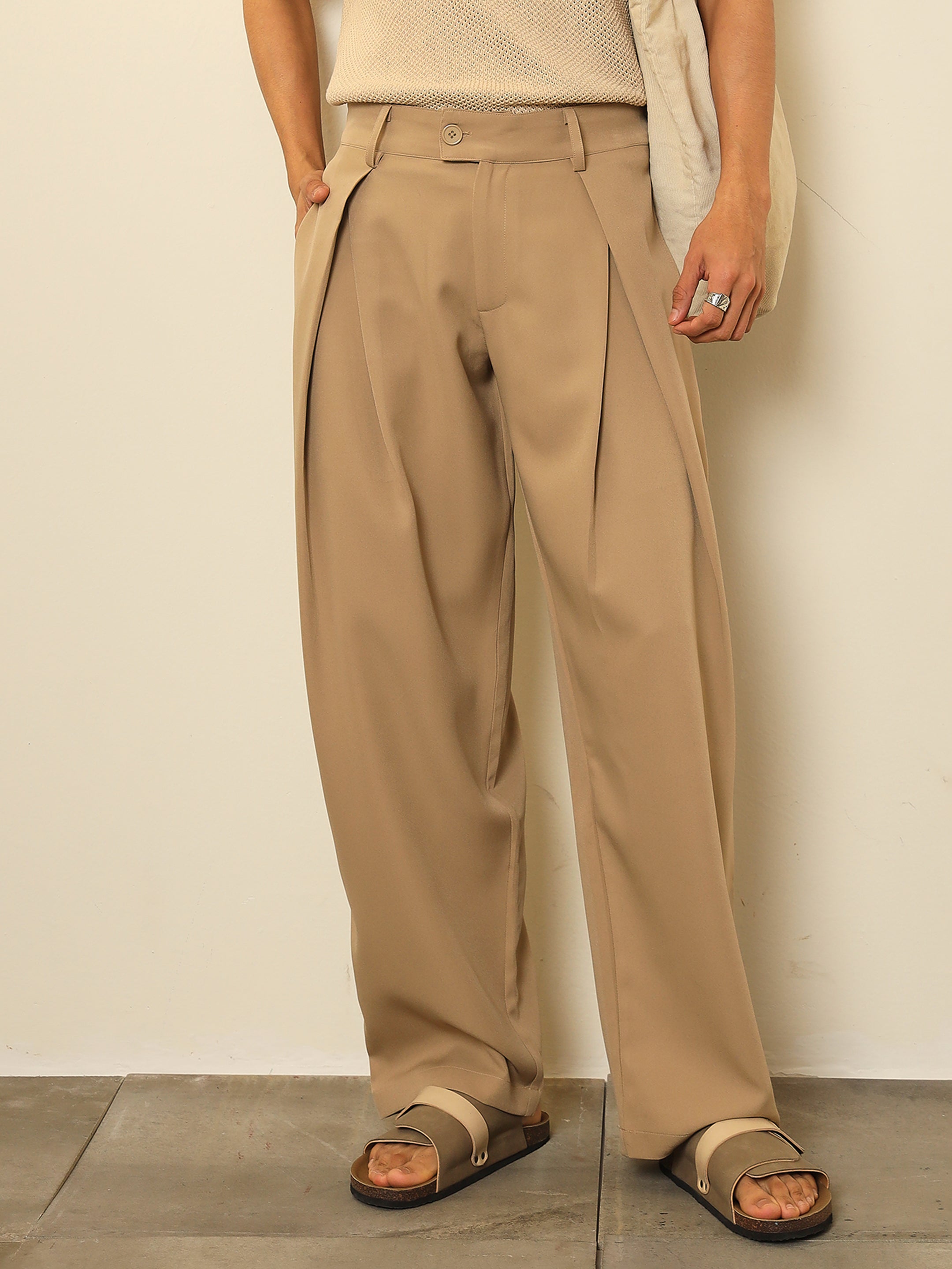 Men Beige Overlapping Pleates Korean Pants
