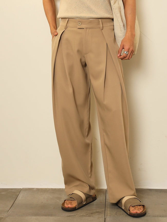 Men Beige Overlapping Pleates Korean Pants