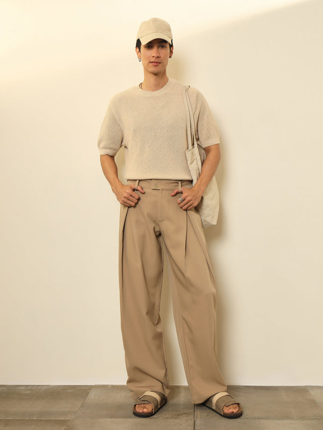 Men Beige Overlapping Pleates Korean Pants