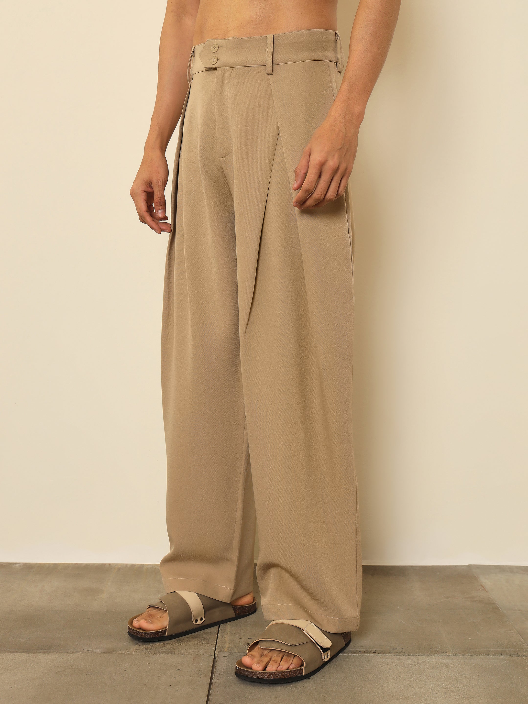 Men Beige Overlapping Pleates Korean Pants