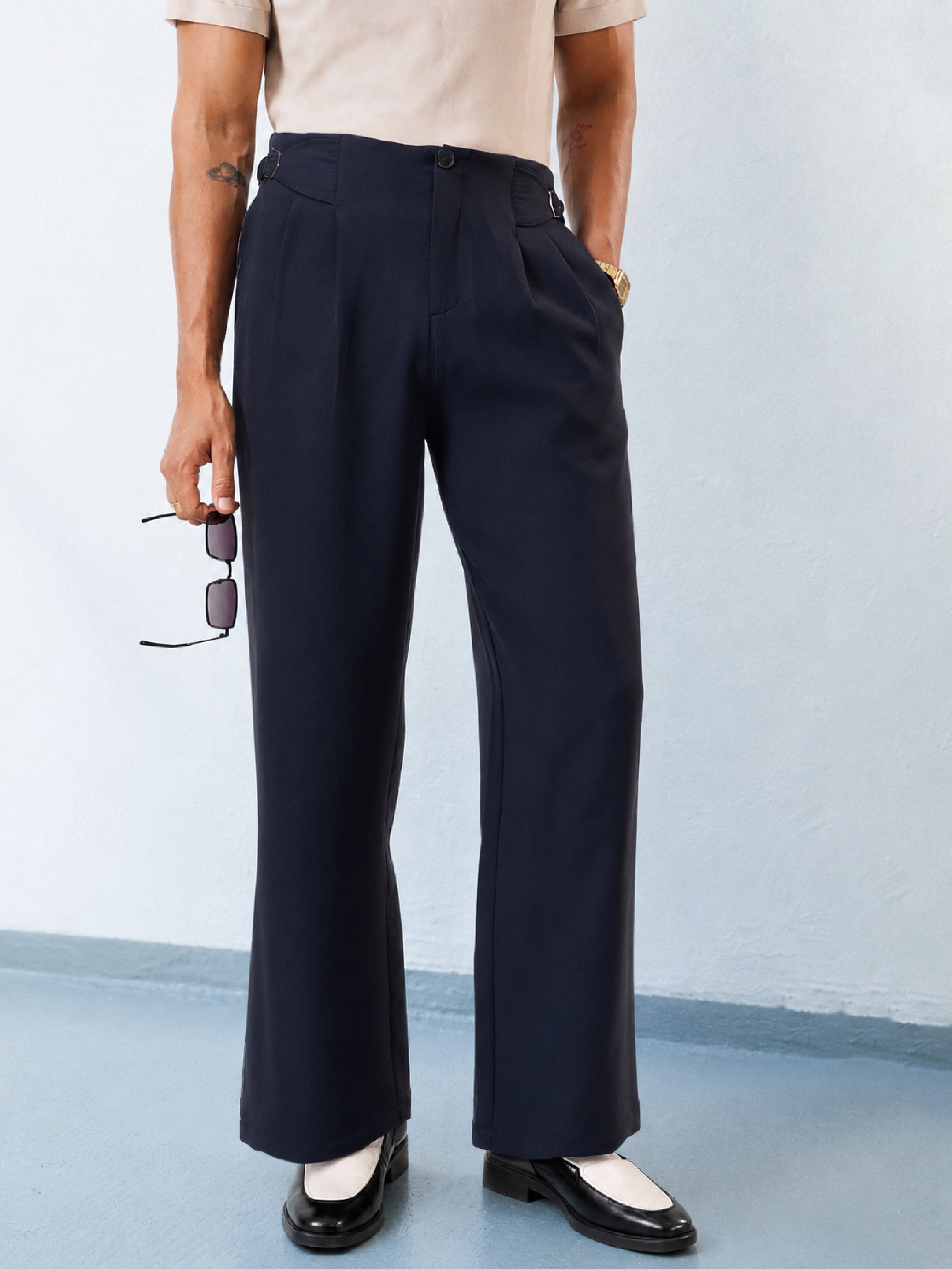 Men Navy Blue No-waistband High-Waist Korean Pants