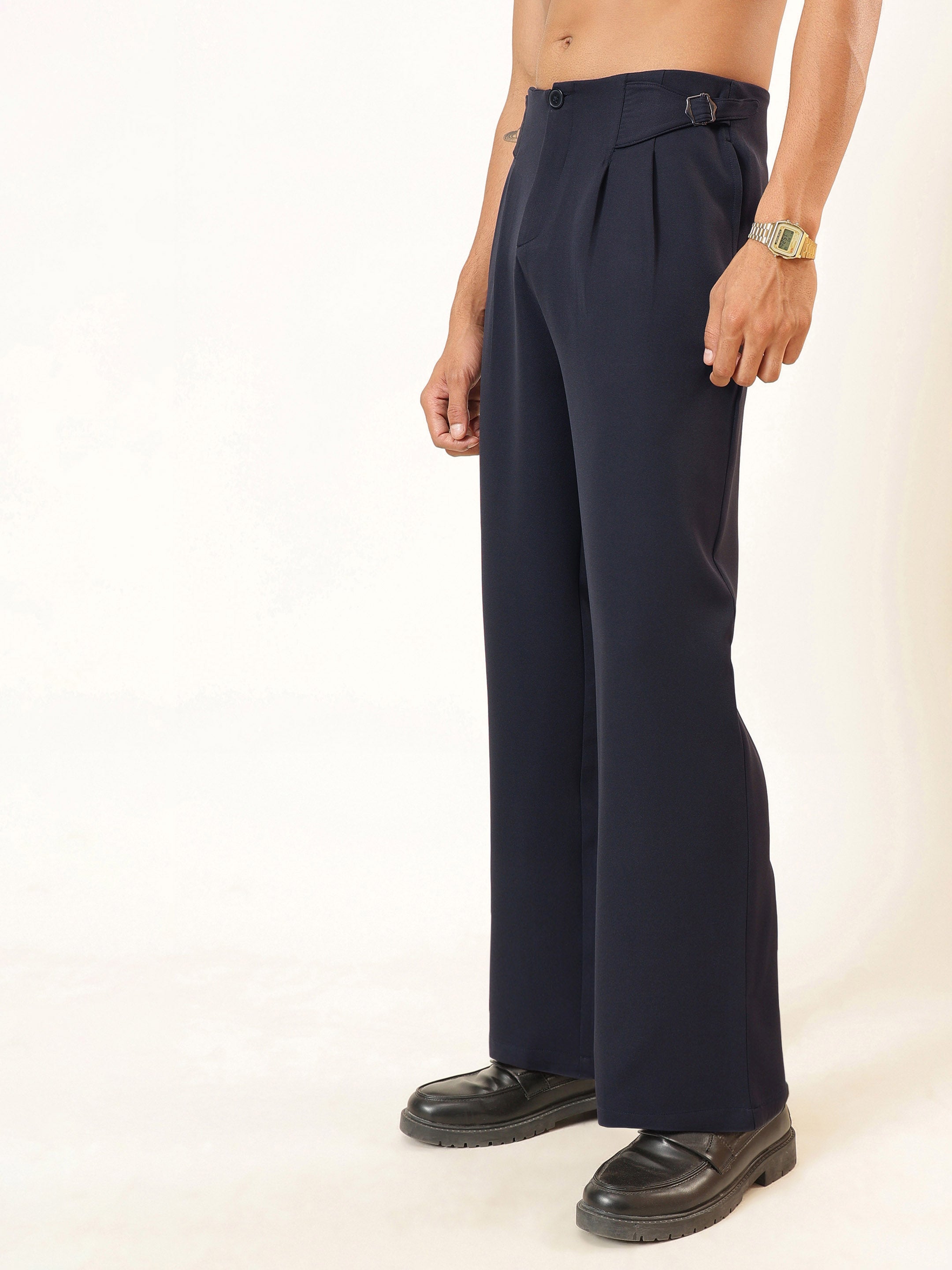 Men Navy Blue No-waistband High-Waist Korean Pants