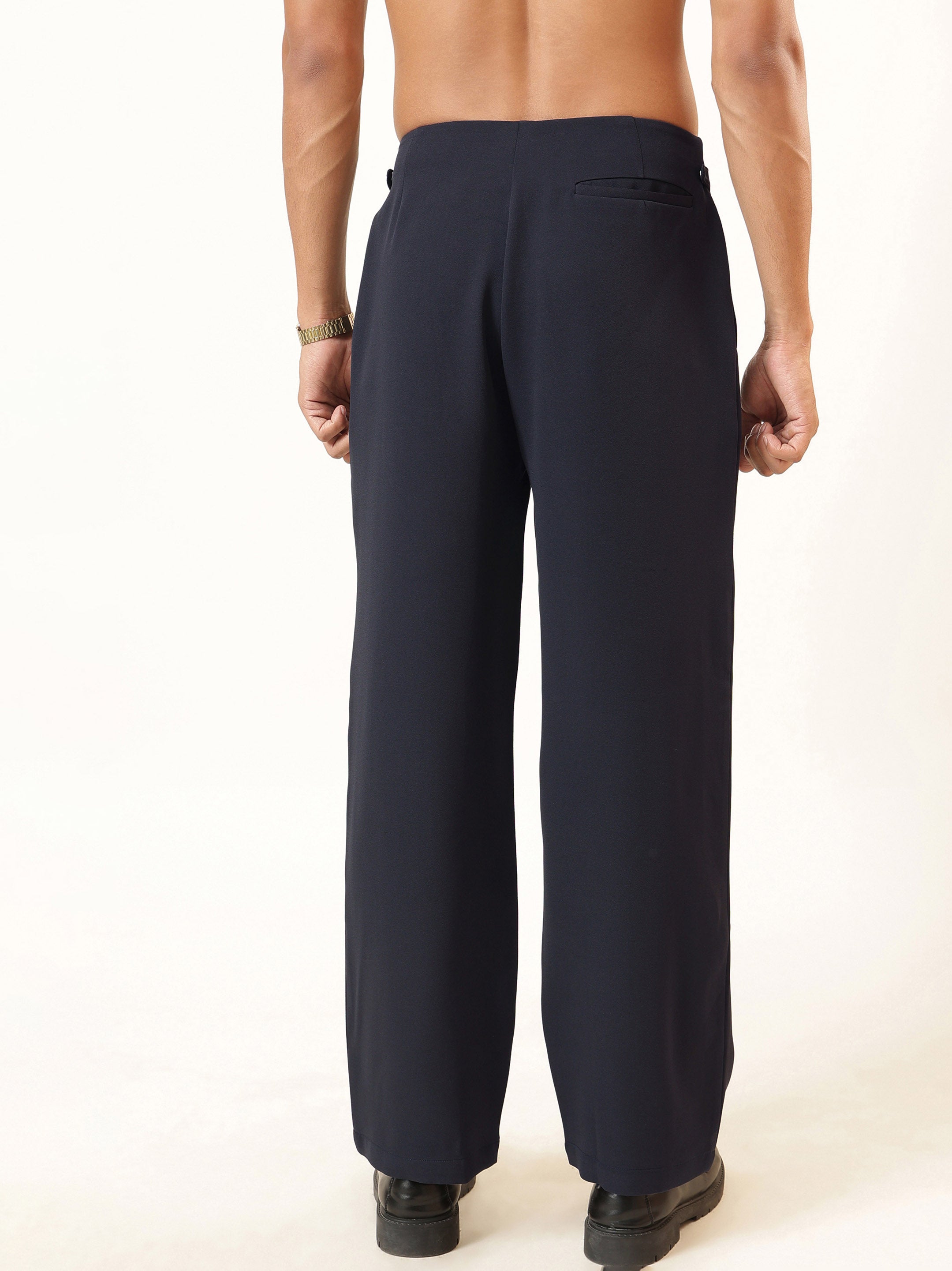 Men Navy Blue No-waistband High-Waist Korean Pants