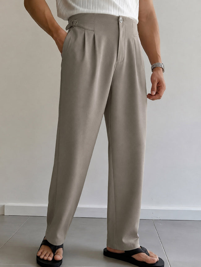 Men Dull Beige No-waistband High-Waist Korean Pants