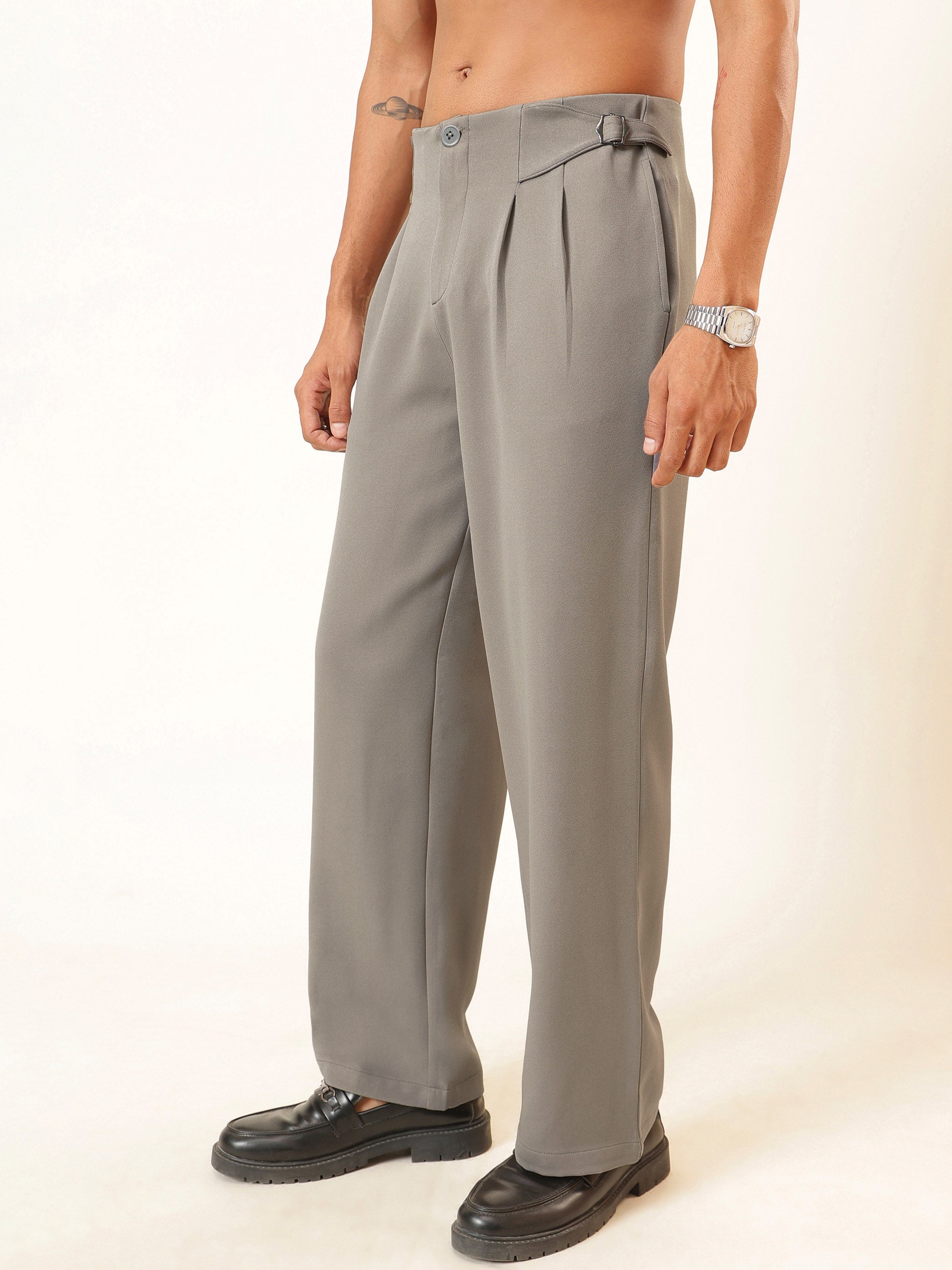 Men Dull Beige No-waistband High-Waist Korean Pants
