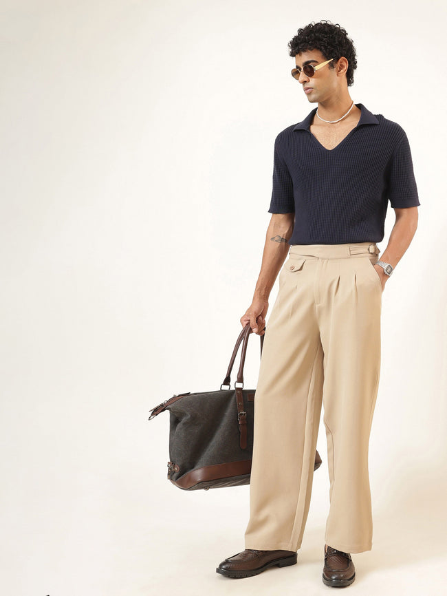 Men Beige Dual-Dart Waist Adjuster Korean Pants