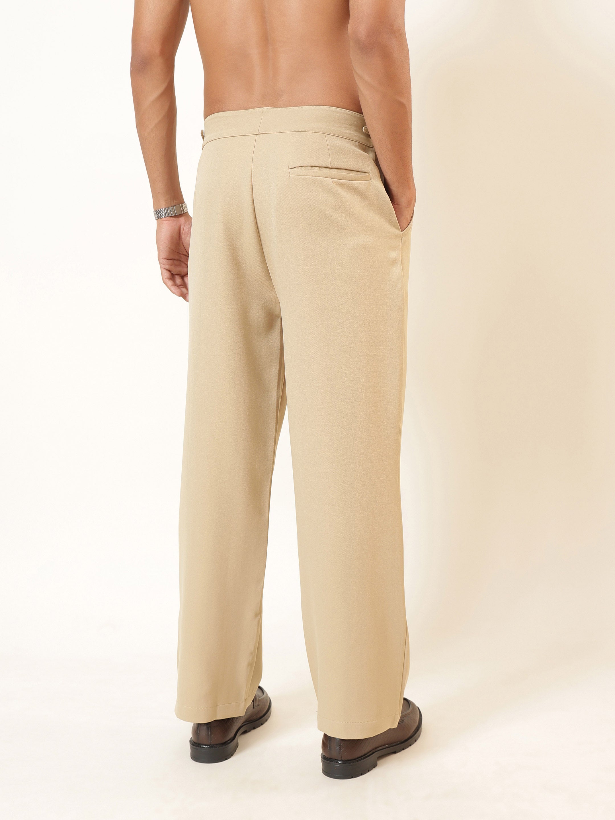 Men Beige Dual-Dart Waist Adjuster Korean Pants