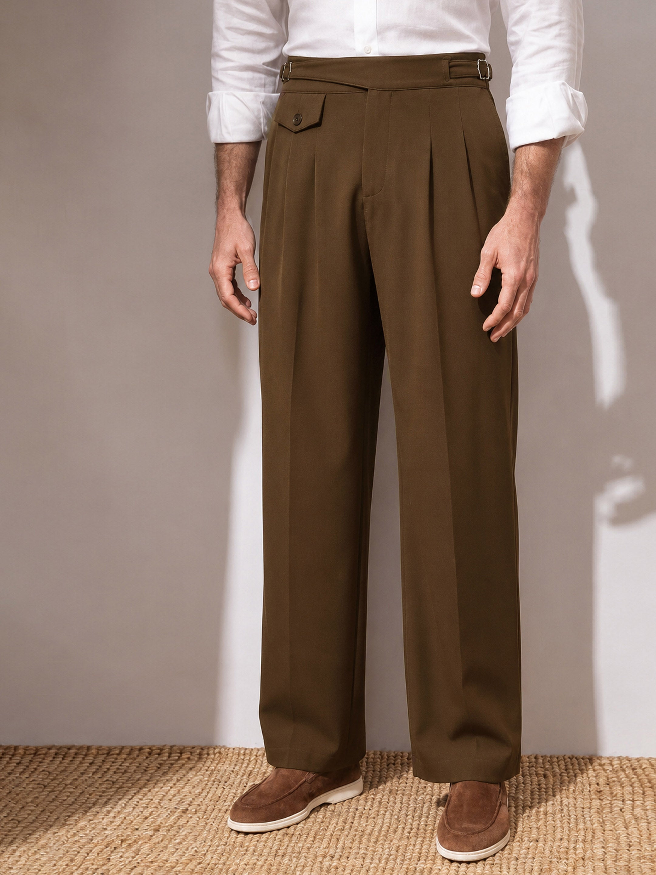 Men Tan Brown Dual-Dart Waist Adjuster Korean Pants