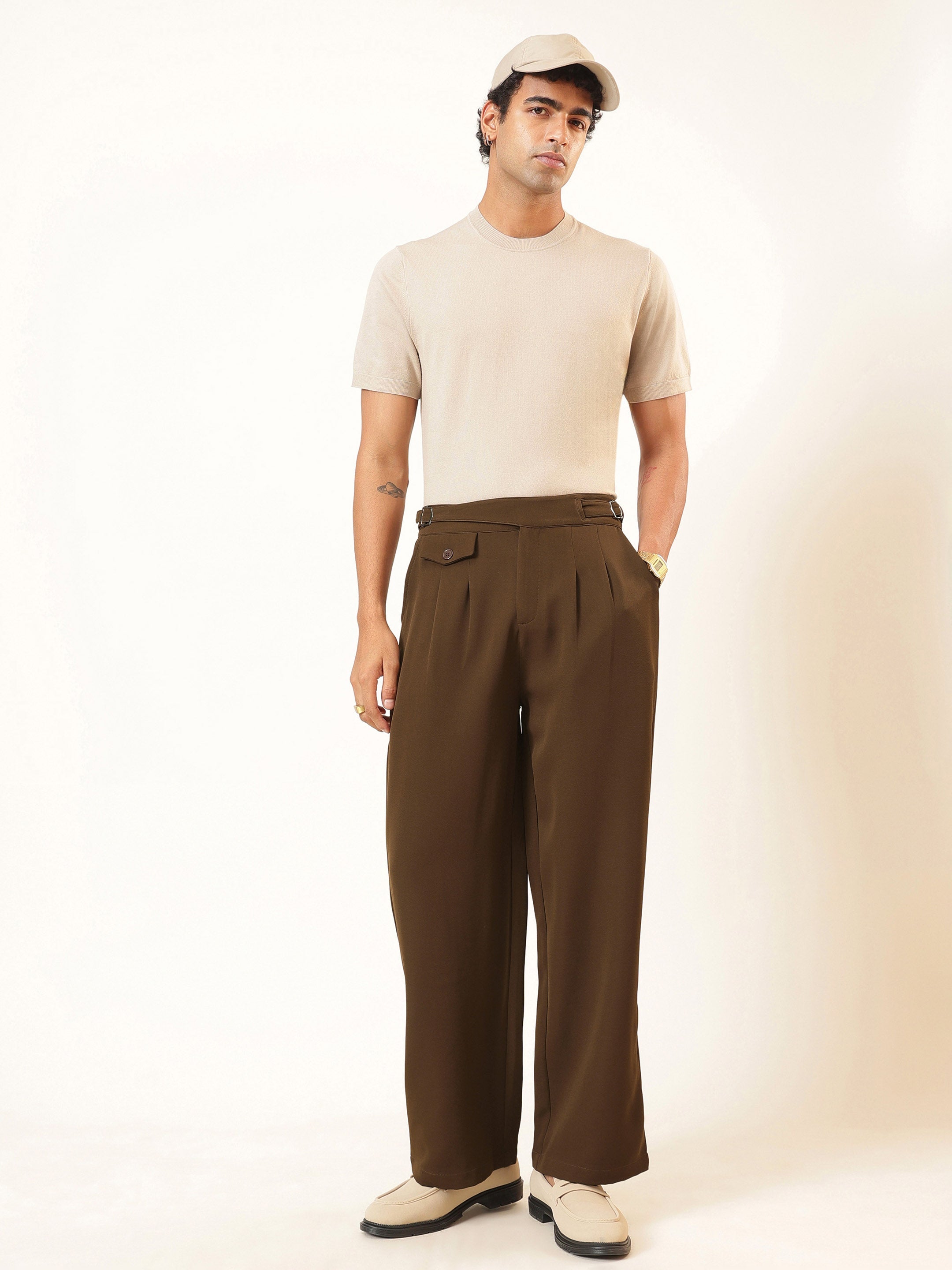 Men Tan Brown Dual-Dart Waist Adjuster Korean Pants